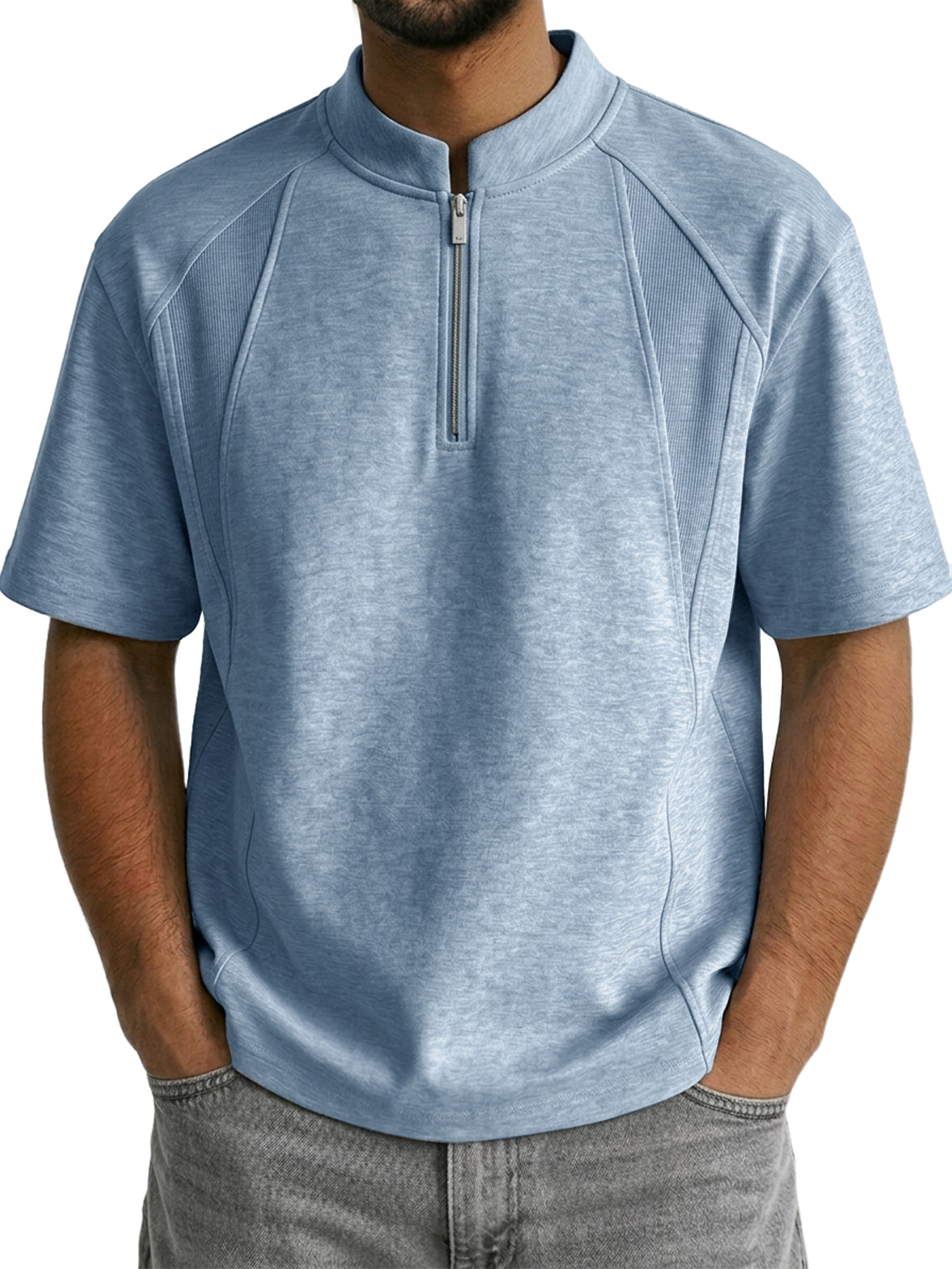 Men's Stand Collar Zipper Deconstructed Casual Short-Sleeve T-Shirt
