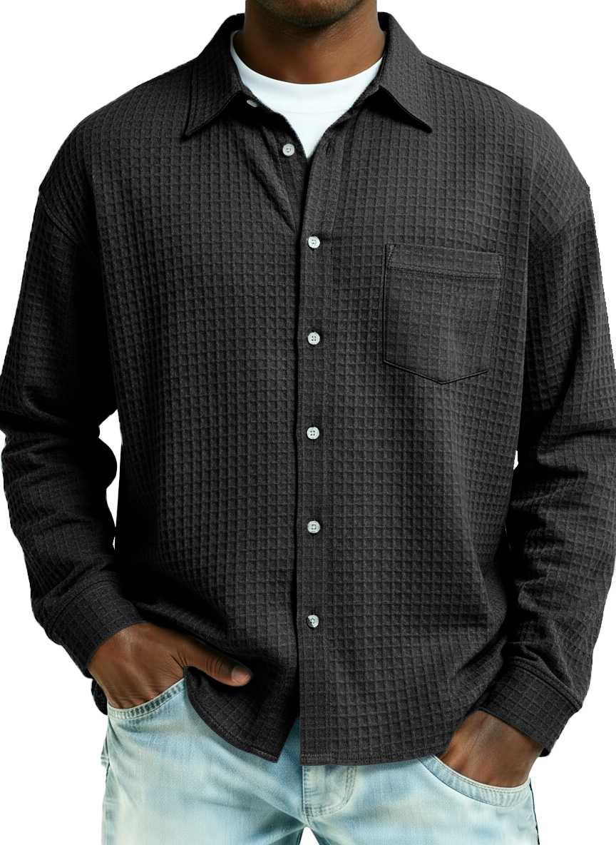 Men's Fashionable Retro Large Waffle Fabric Pocket Long-Sleeved Collared Shirt