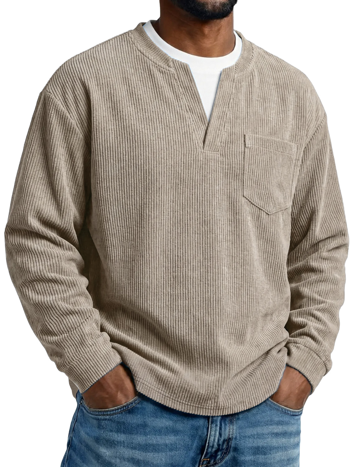 Men's Everyday Corduroy Faux Two-piece Casual Pocket Long-sleeved T-shirt