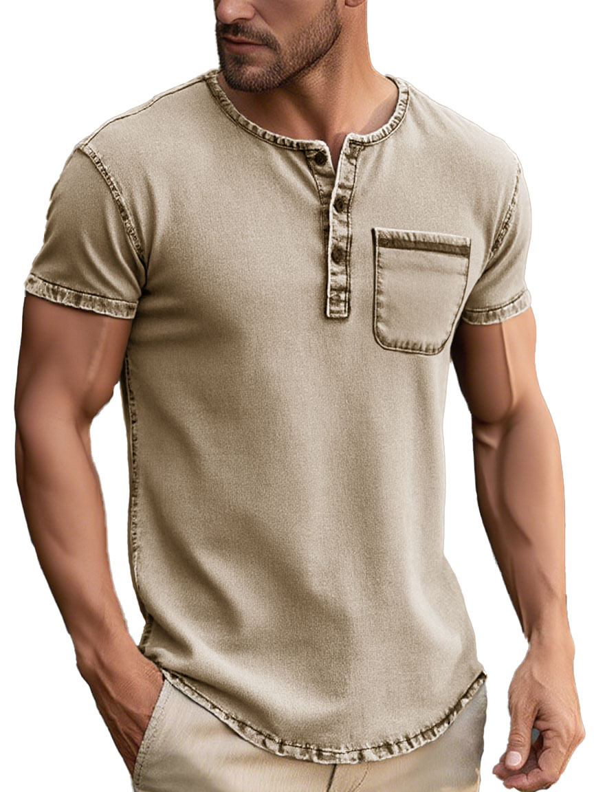 Men's Fashion Daily Distressed Fabric Pocket Short-sleeved Henley Shirt