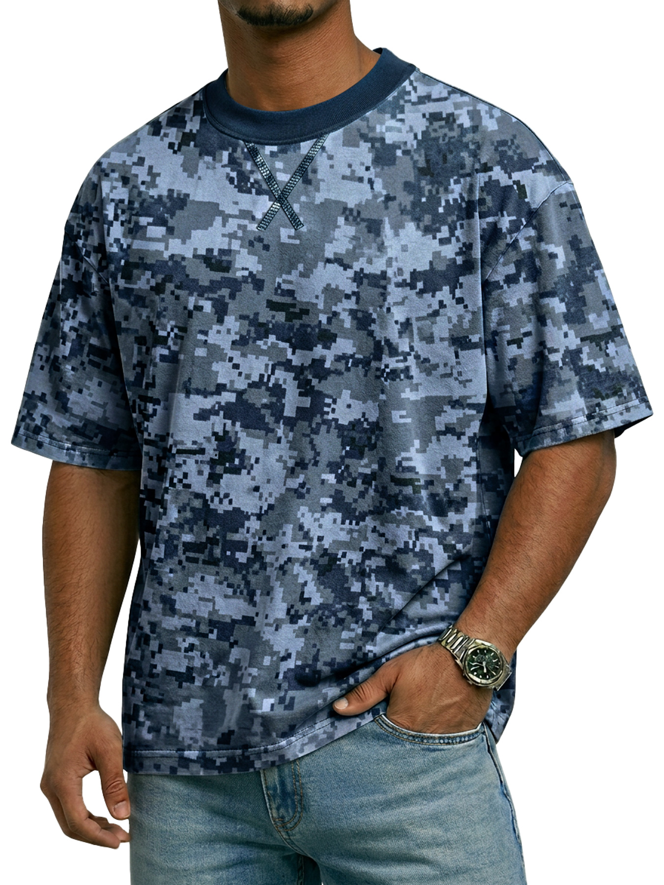 Men's Crew Neck Camouflage Crossover Design Casual Short-Sleeve T-Shirt
