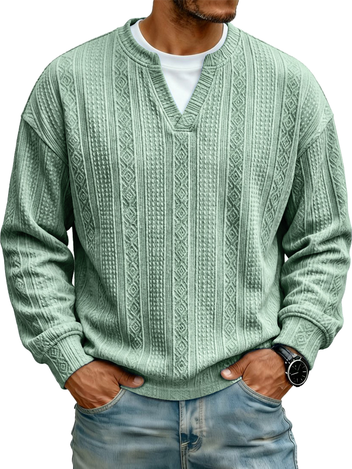 Men's Jacquard Faux Two-piece Casual Long-sleeved T-shi