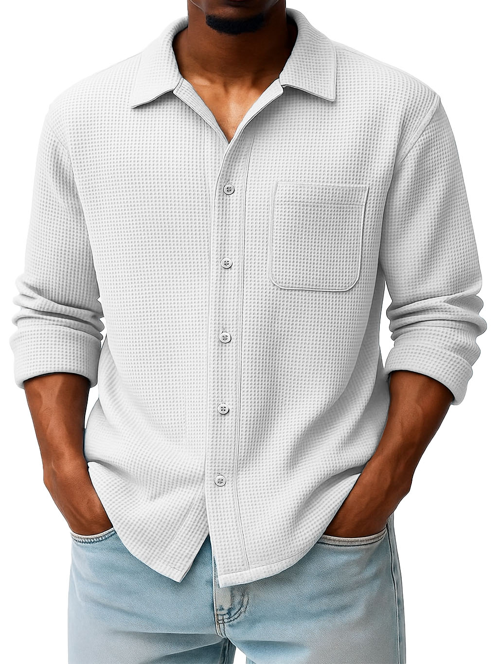 Men's Fashion Casual Waffle Fabric Pocket Long Sleeve Lapel Shirt