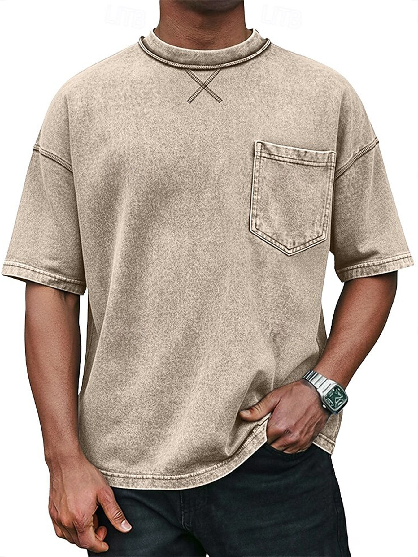 Men's Retro Crew Neck Crossover Design Casual Pocket Short-Sleeve T-Shirt