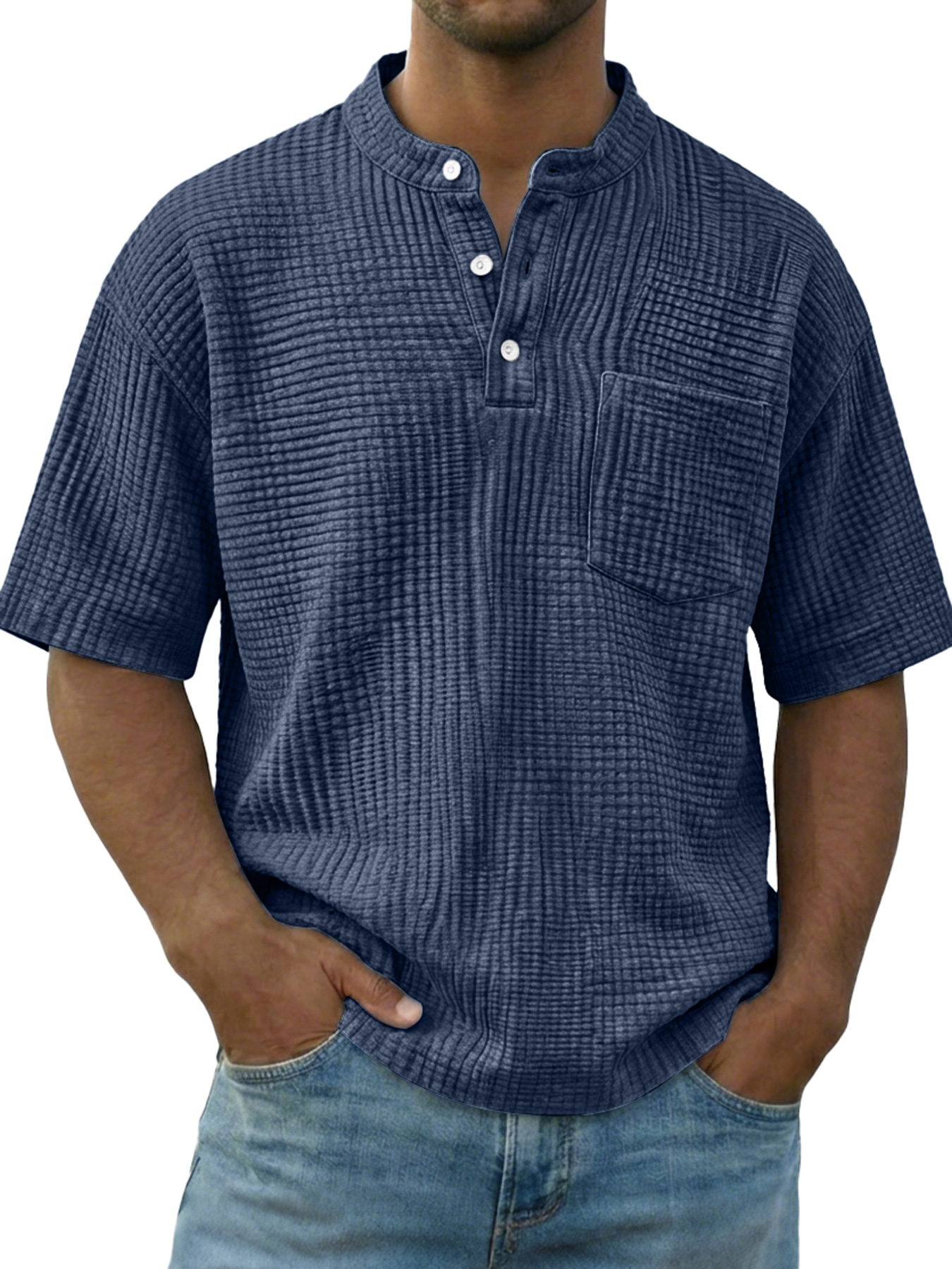 Men's Casual Wrinkled Comfortable Short-sleeved Henley Shirt With Pockets