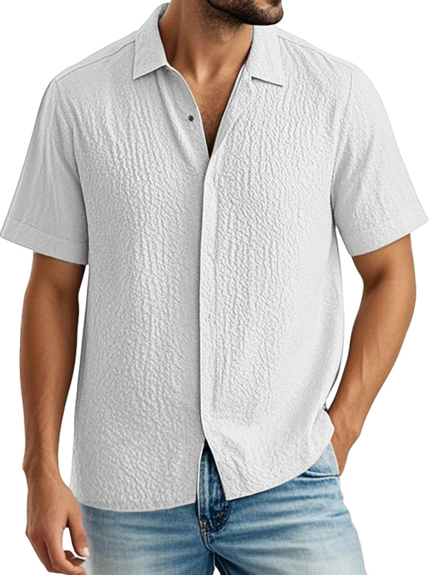 Men's Fashion Casual Pleated Fabric Lapel Short Sleeve Shirt