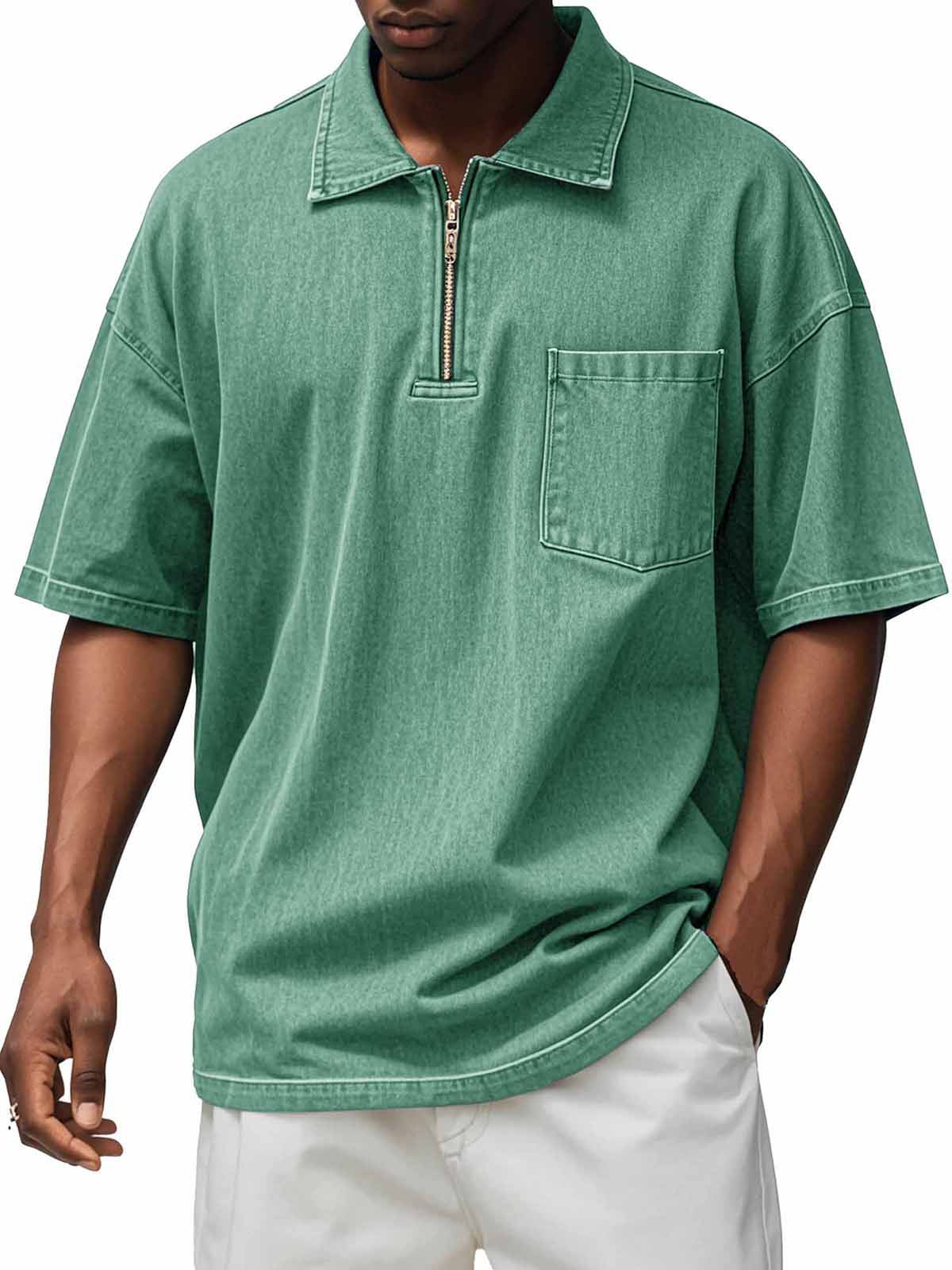 Men's Retro Distressed Zip Pocket Short Sleeve Polo Shirt