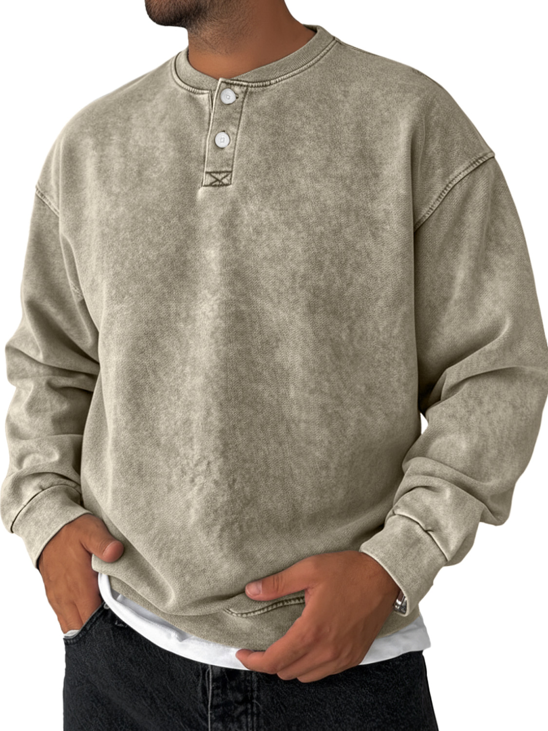 Men's Retro Solid Color Casual Loose Henley Sweatshirt