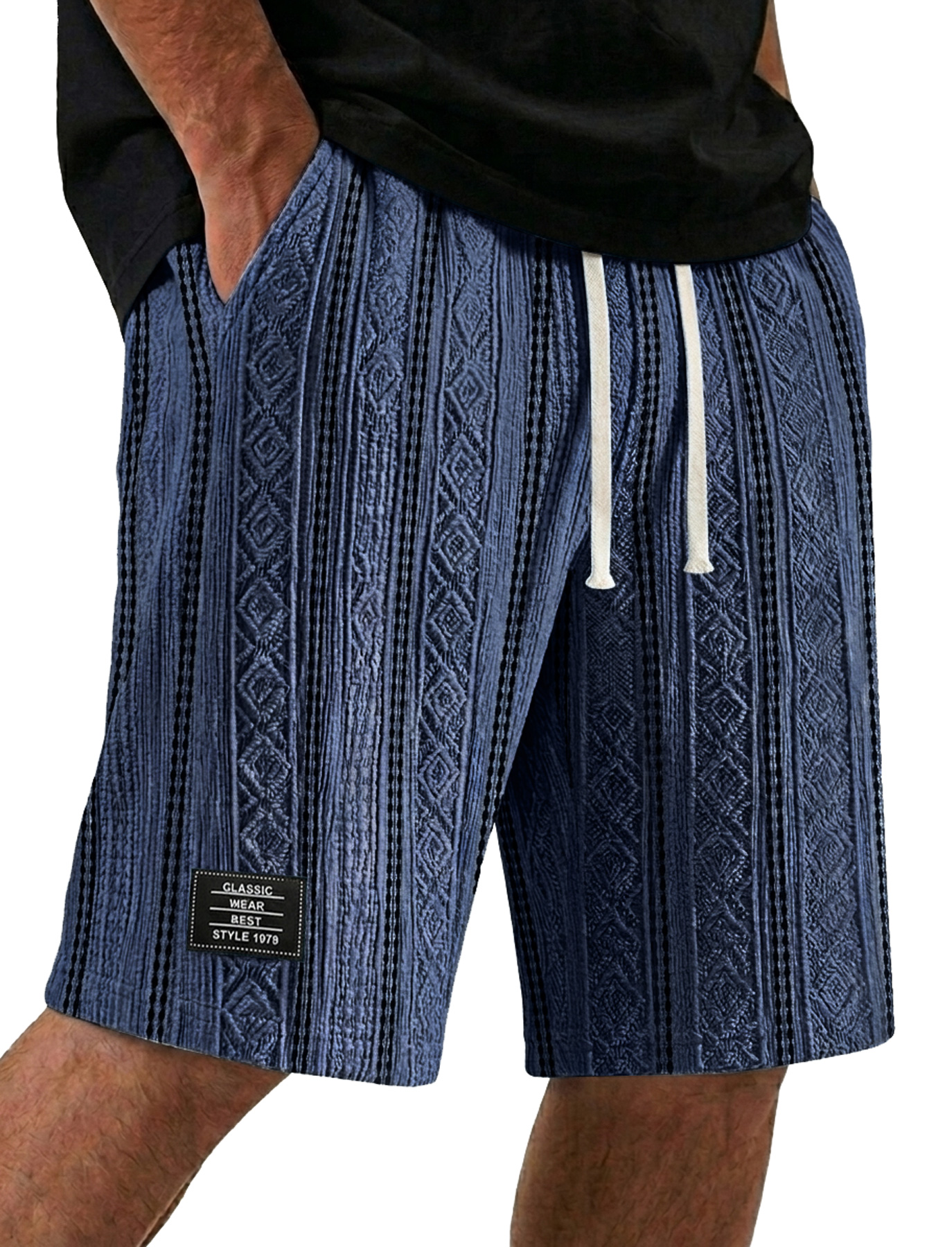 Men's Color-Blocked Textured Embroidered Logo Casual Loose Shorts