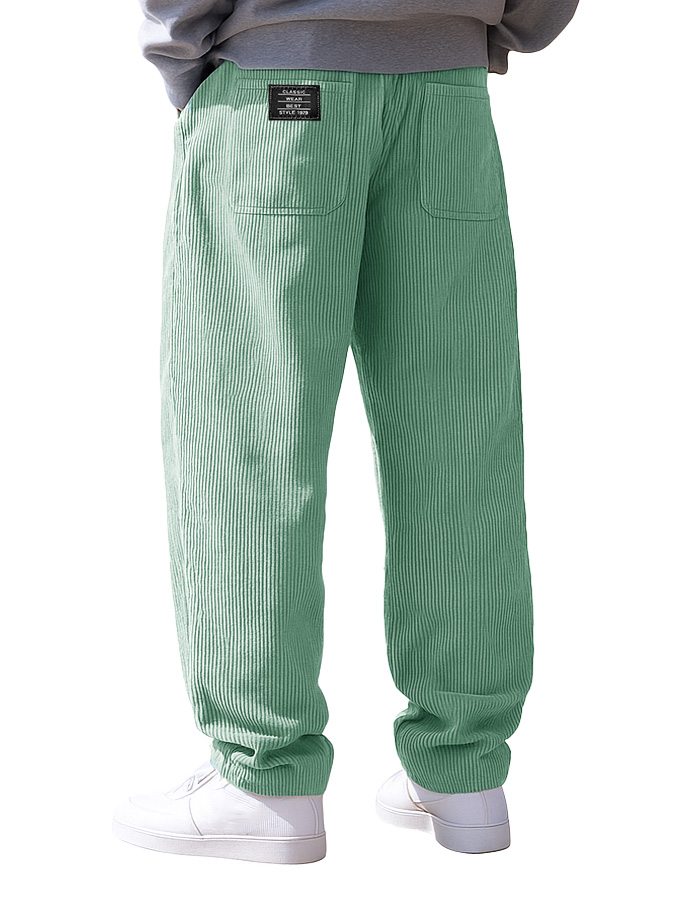 Men's Stylish Everyday Corduroy Fabric Pocket Loose Drawstring Elastic Waist Embroidered Logo Trousers