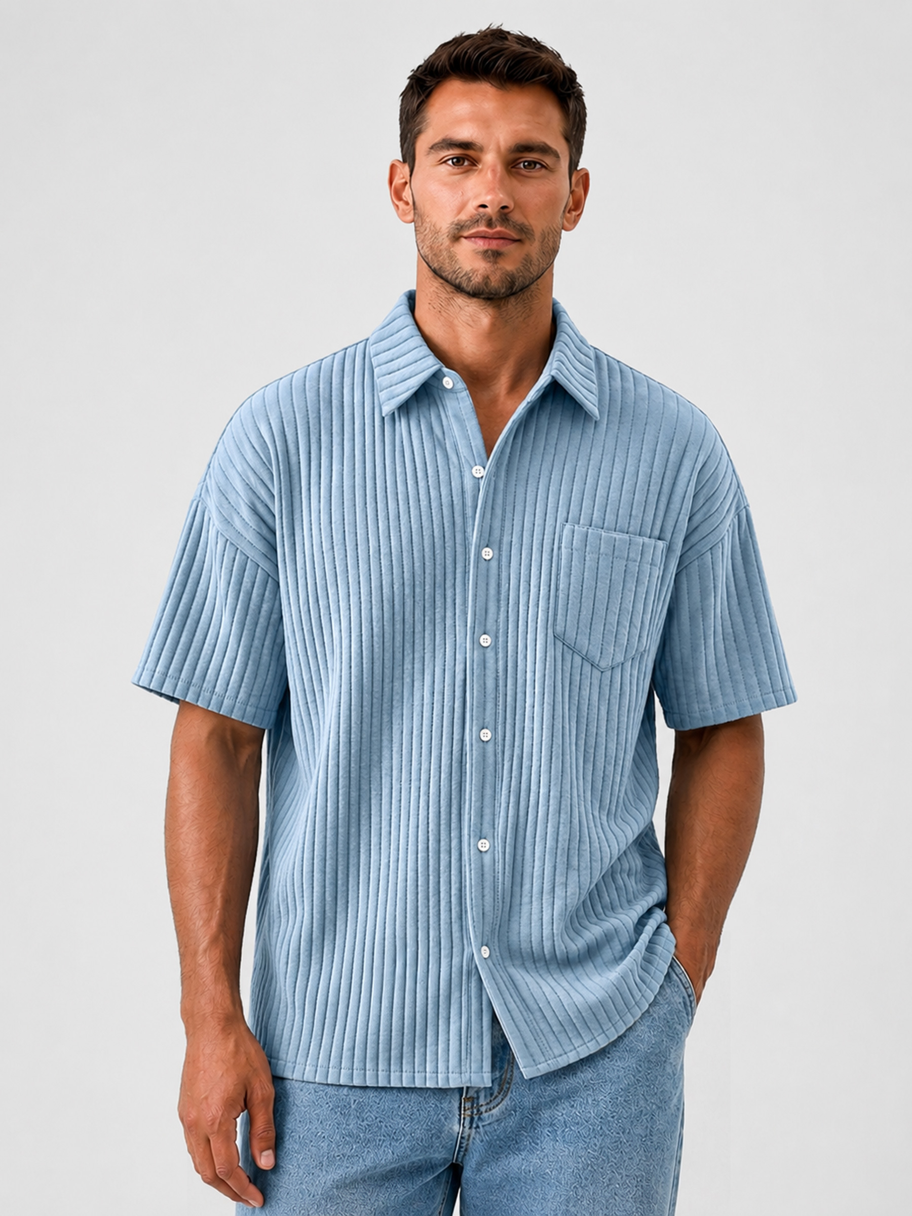 Men's Casual Solid-Color Short-Sleeve Shirt with Wide Ribbing