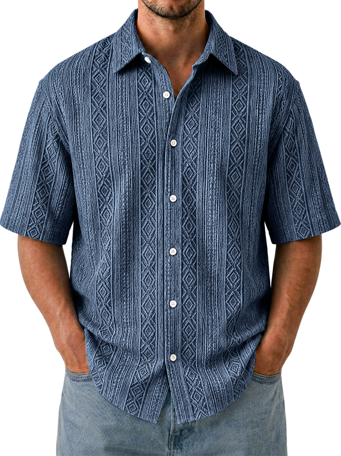 Men's Solid-Color Short-Sleeve Casual Shirt with Jacquard Texture