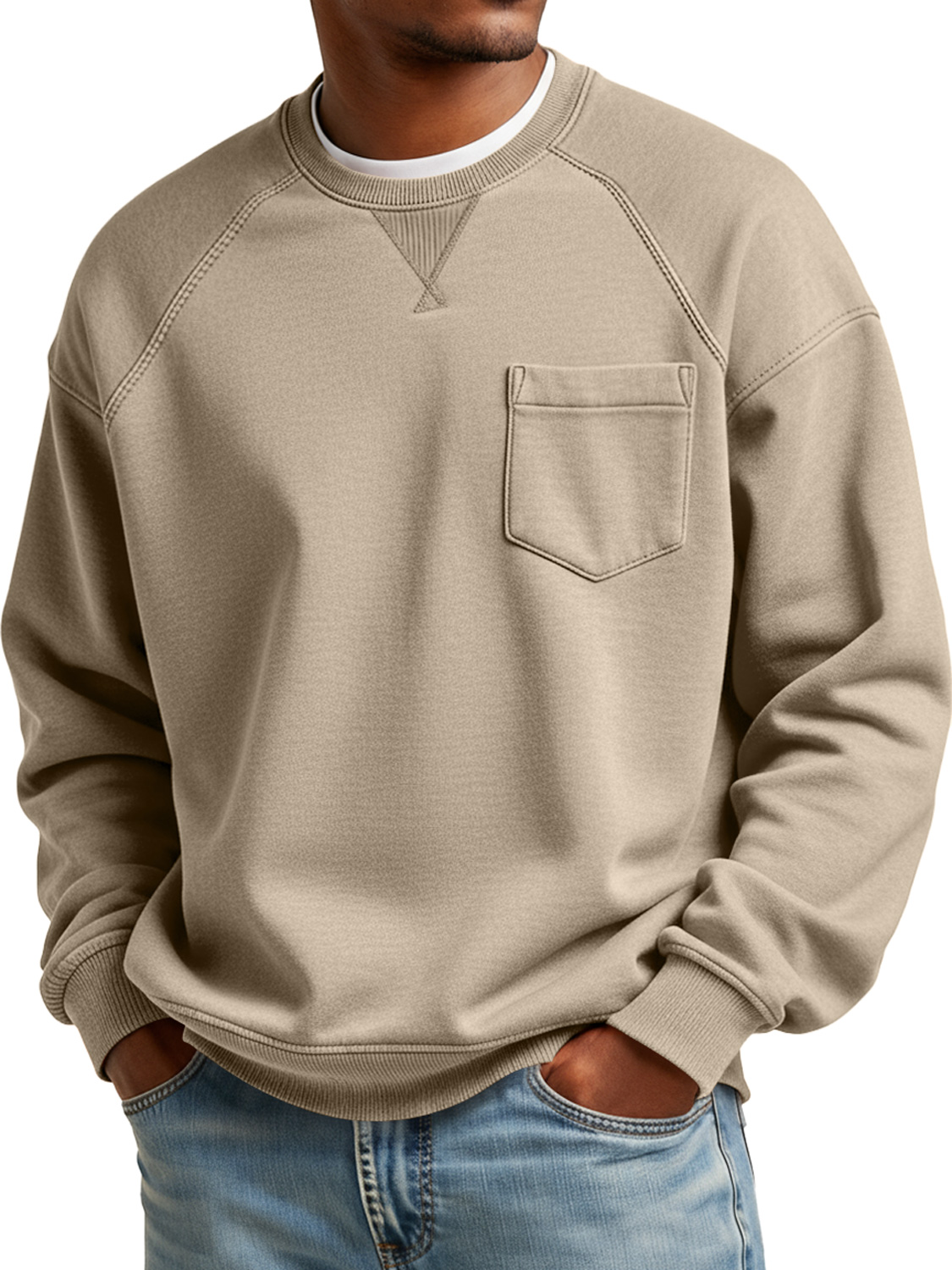 Men's Simple Crew Neck Patchwork Casual Loose Sweatshirt