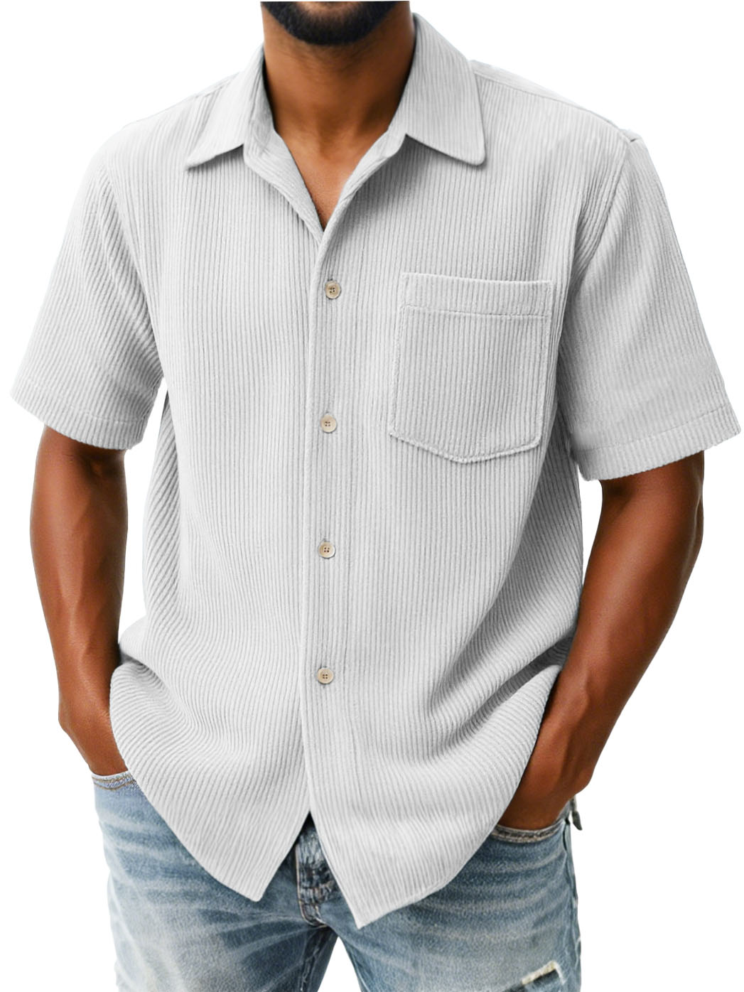 Men's Fashion Casual Ribbed Fabric Pocket Short-Sleeved Lapel Shirt