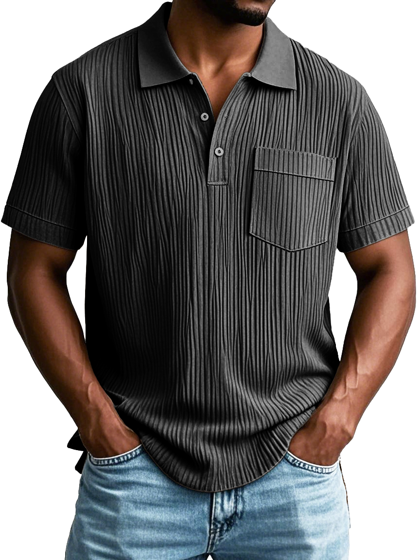 Men's Fashion Casual Striped Fabric Pocket Short Sleeve Lapel Polo Shirt