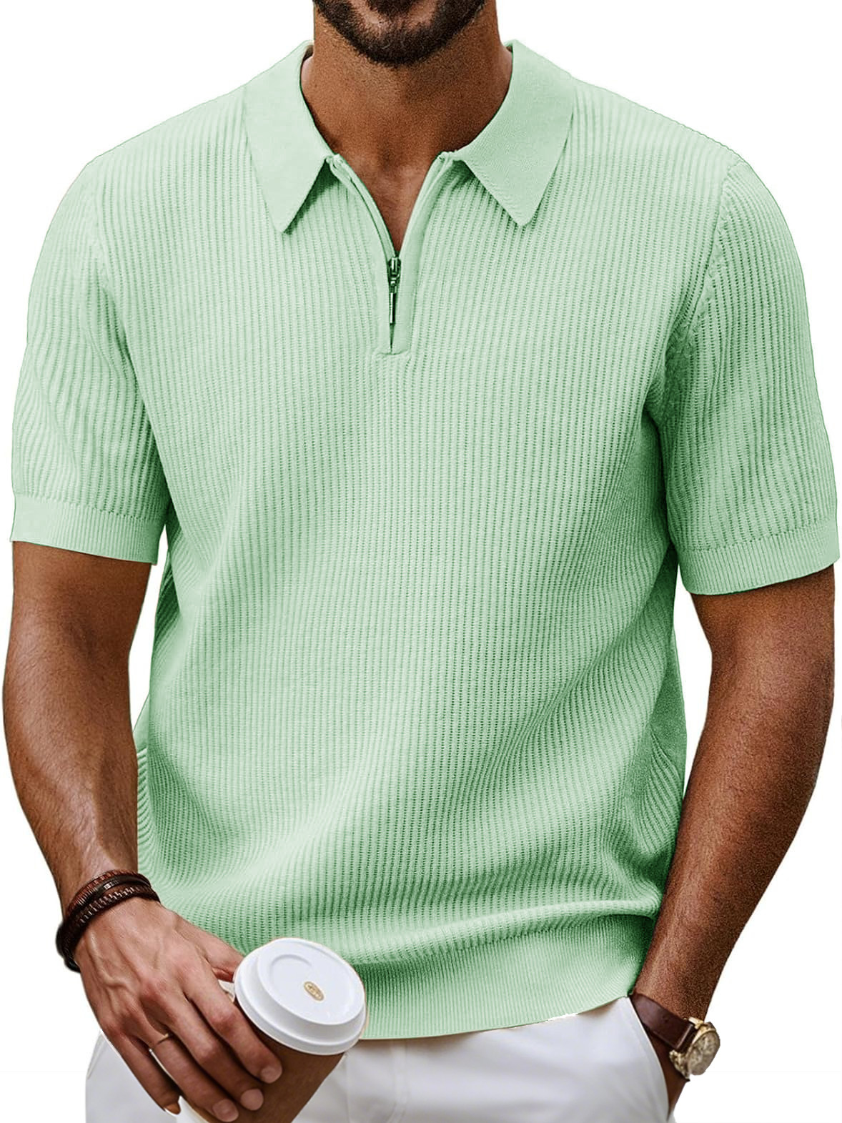 Men's Fashion Daily Casual Ripstop Fabric Zipper Short-sleeved Polo Shirt