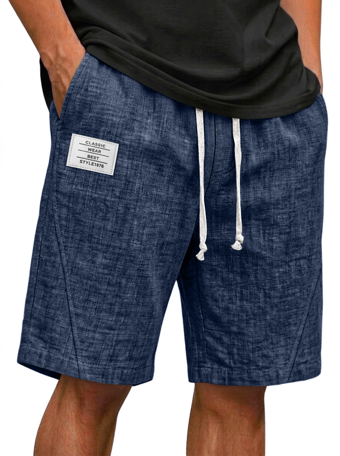 Men's Cotton-Linen Deconstructed Casual Shorts with Embroidered Logo