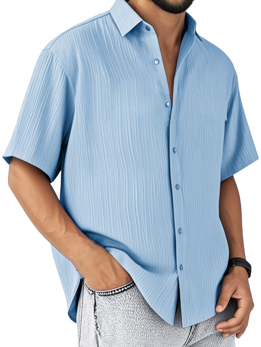 Men's Fashion Casual Striped Fabric Short-sleeved Lapel Shirt
