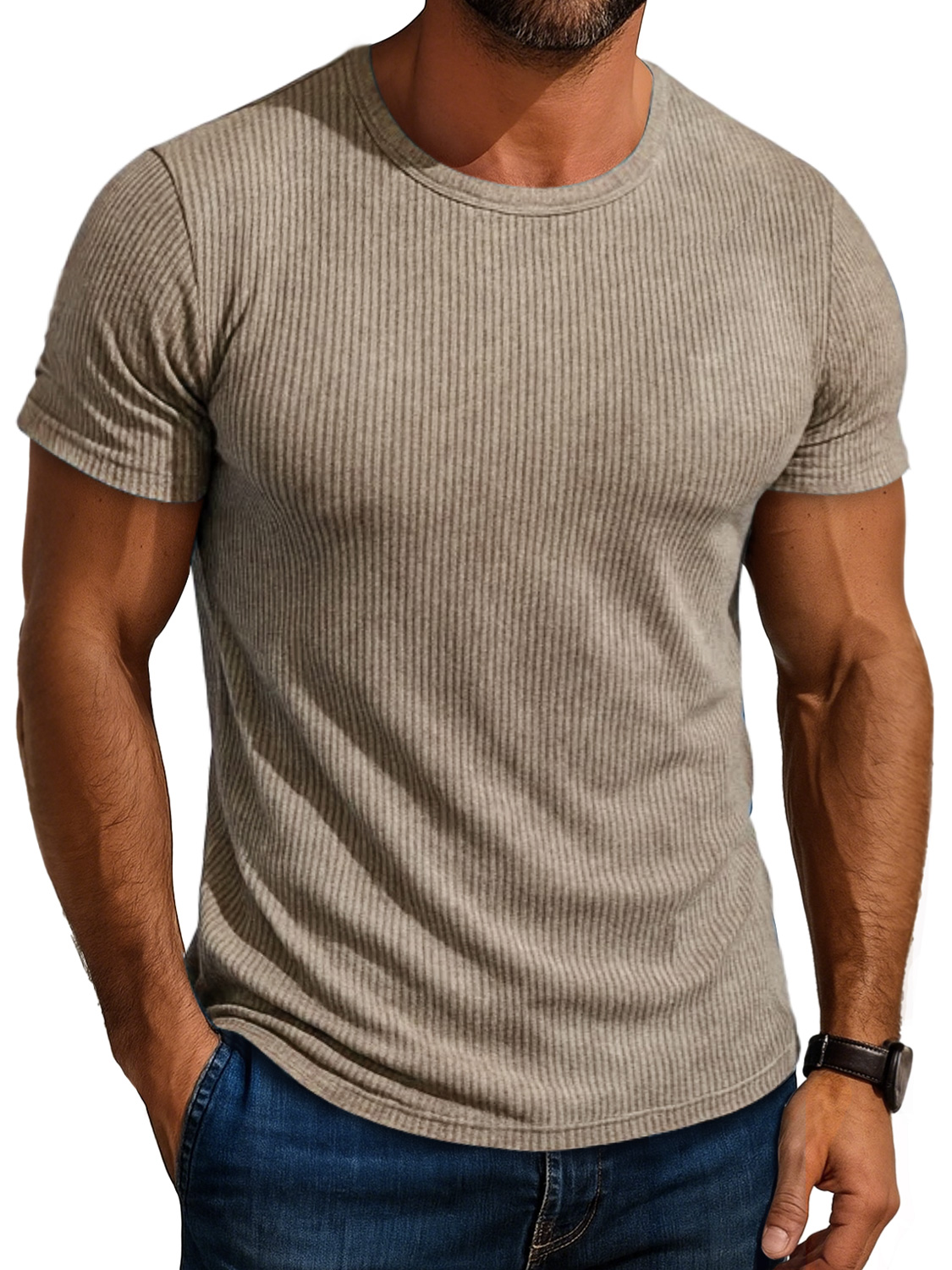 Men's Daily Round Neck Ribbed Casual Comfortable Solid Color Short-sleeved T-shirt