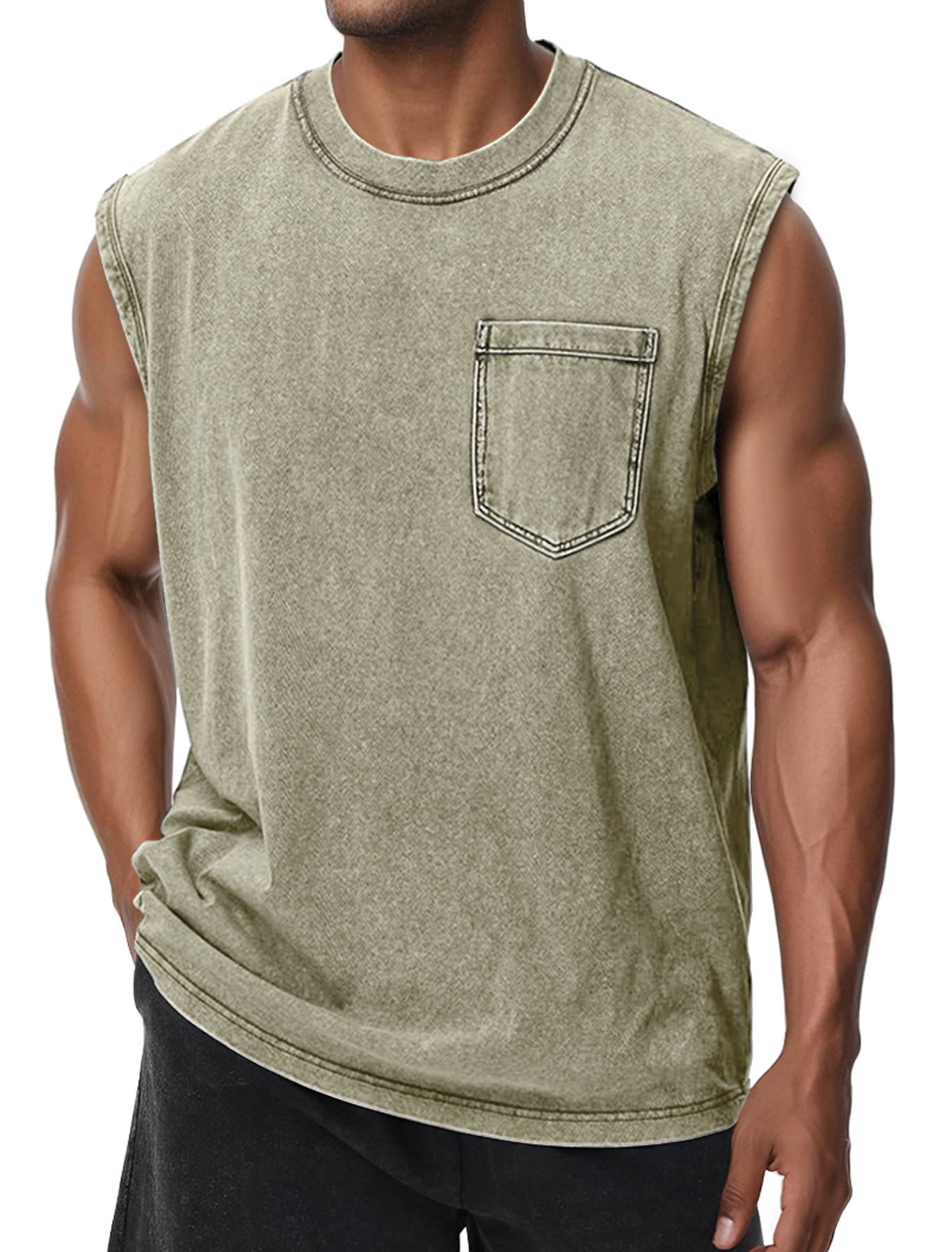 Men's Retro Washed Cotton Round Neck Pocket Casual Sleeveless Vest