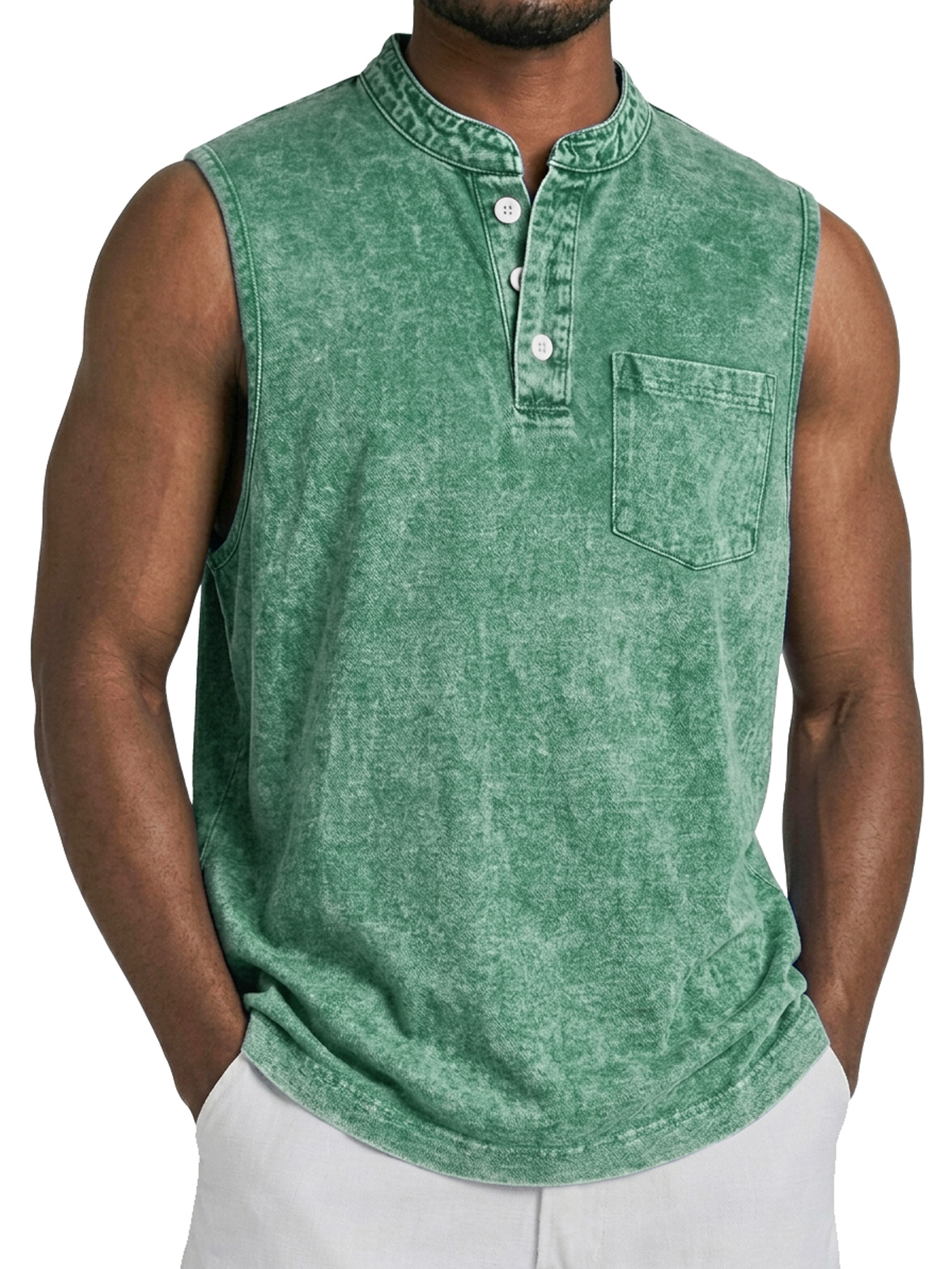 Men's Retro Stand Collar Button Casual Pocket Sleeveless Vest