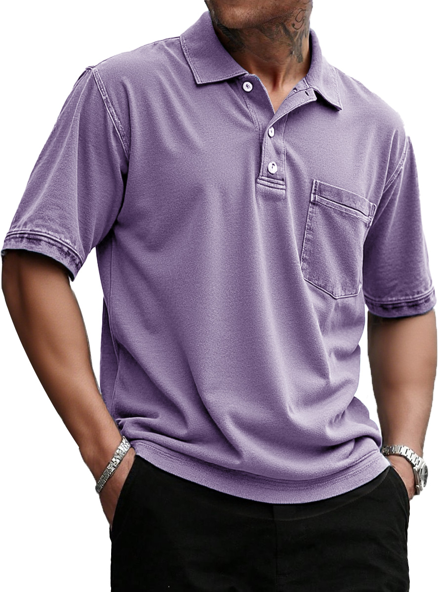 Men's Stylish Retro Pure Cotton Distressed Fabric Pocket Lapel Polo Shirt