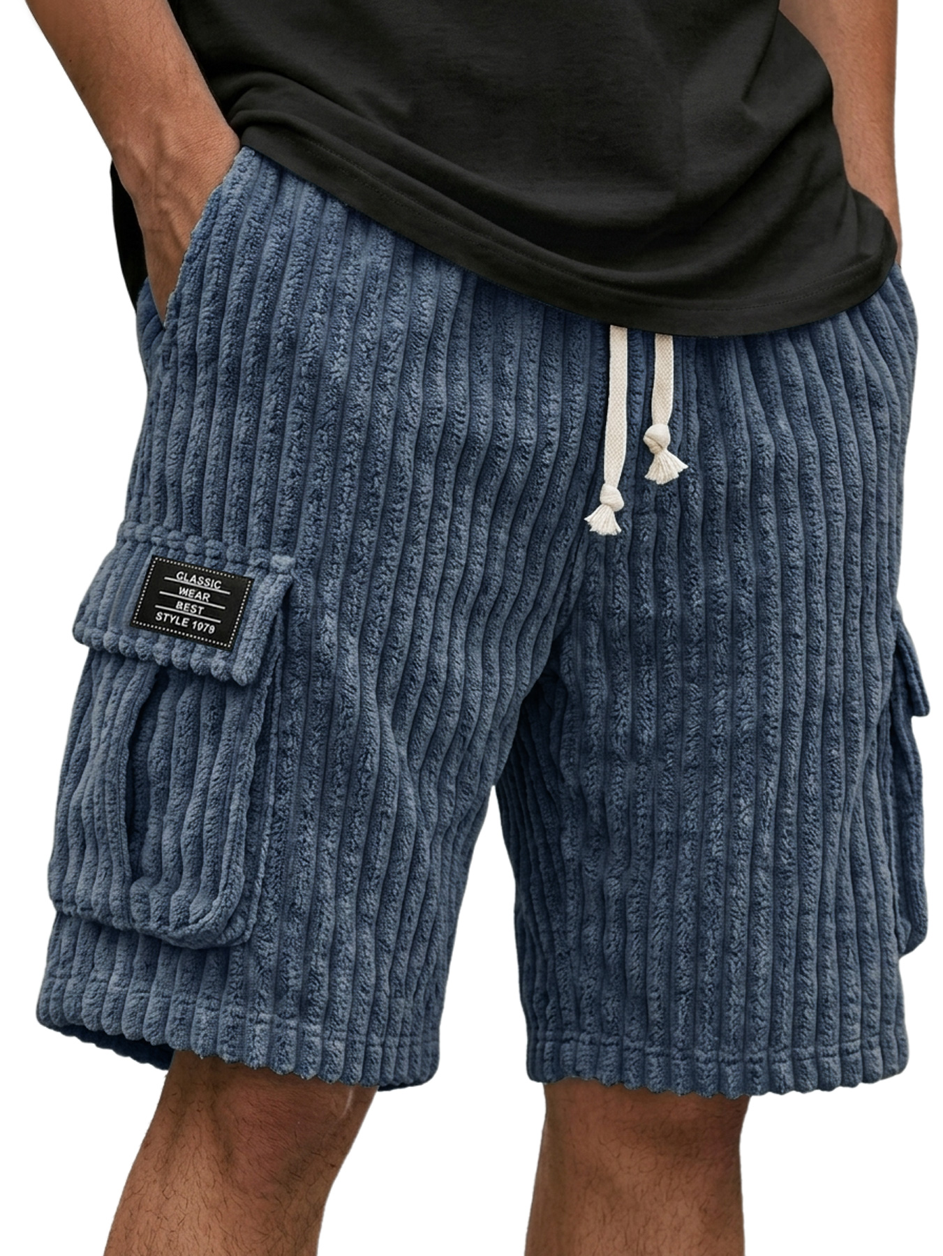 Men's Corduroy Multi-Pocket Embroidered Logo Casual Cargo Shorts