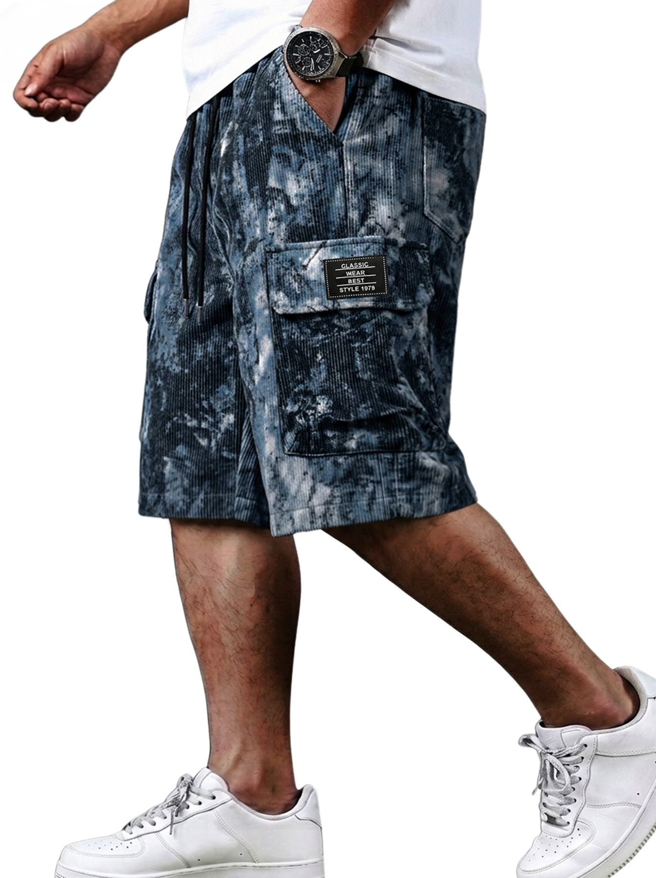 Men's Corduroy Multi-Pocket Casual Tie-Dye Print Shorts