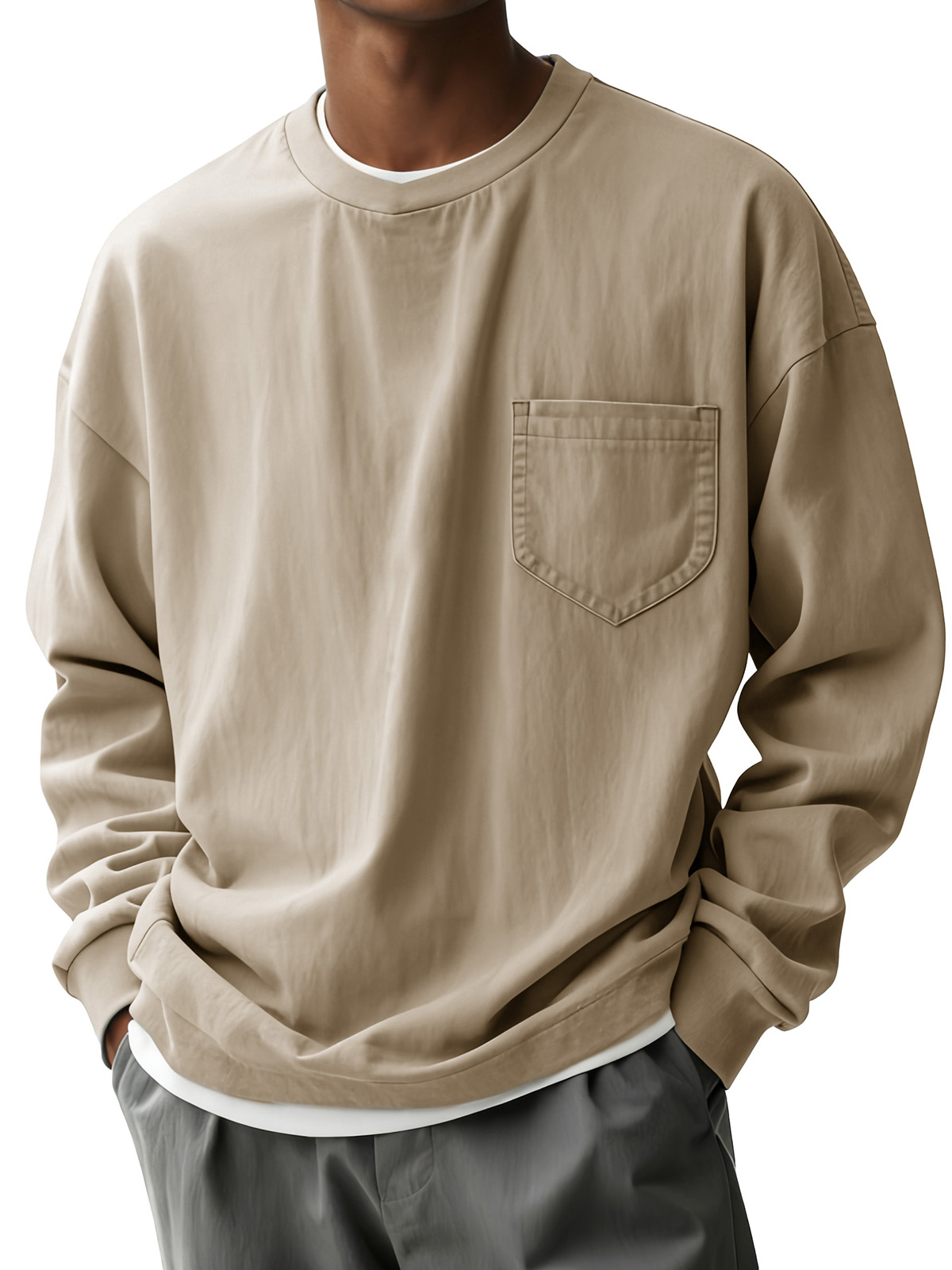 Men's Fashion Casual Pleated Fabric Round-neck Pocket Long-sleeve Top