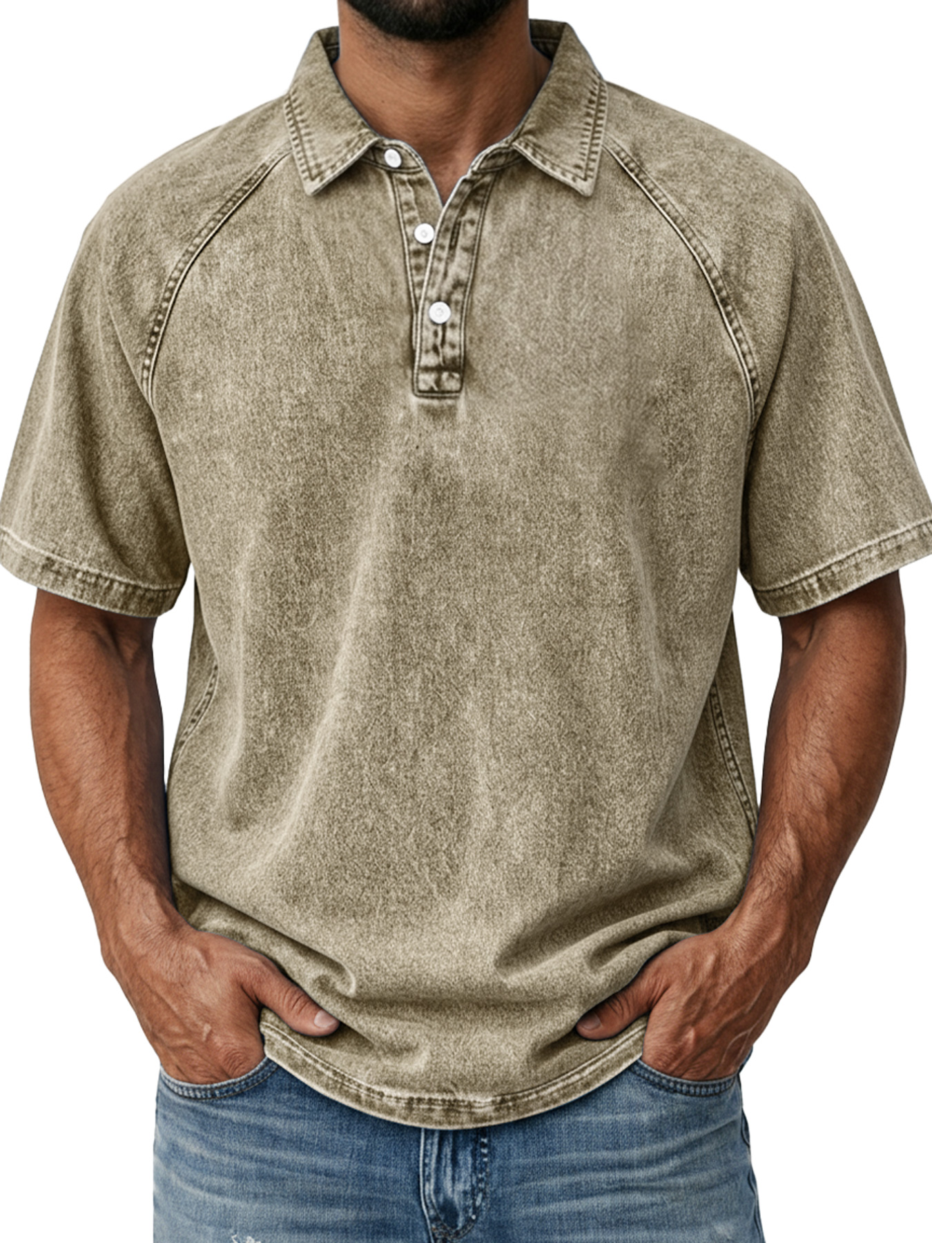 Men's Casual Retro Raglan Collar Button-Down Short Sleeve Polo Shirt
