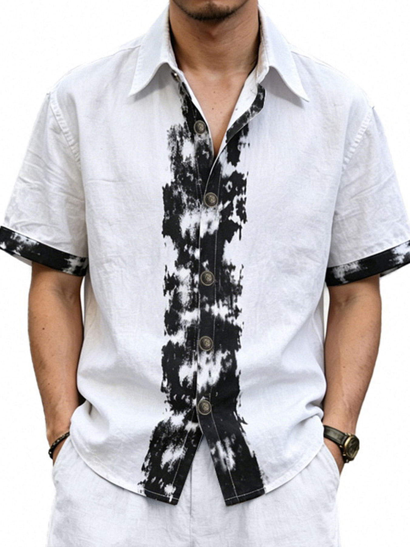 Men's Retro Linen Splatter Graffiti Casual Short-Sleeve Shirt