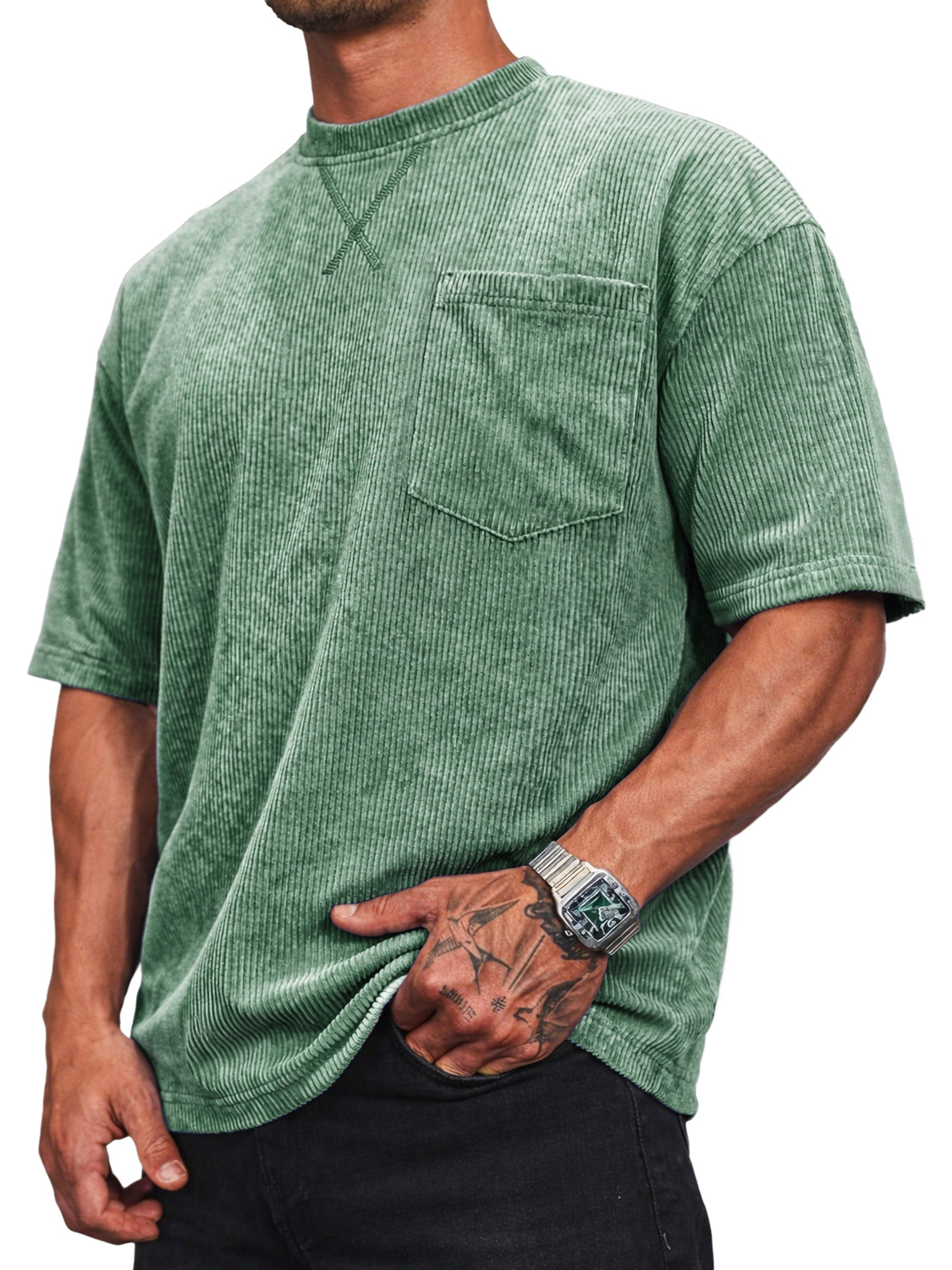 Men's Corduroy Crew Neck Short-sleeved T-shirt With A Crossover Design