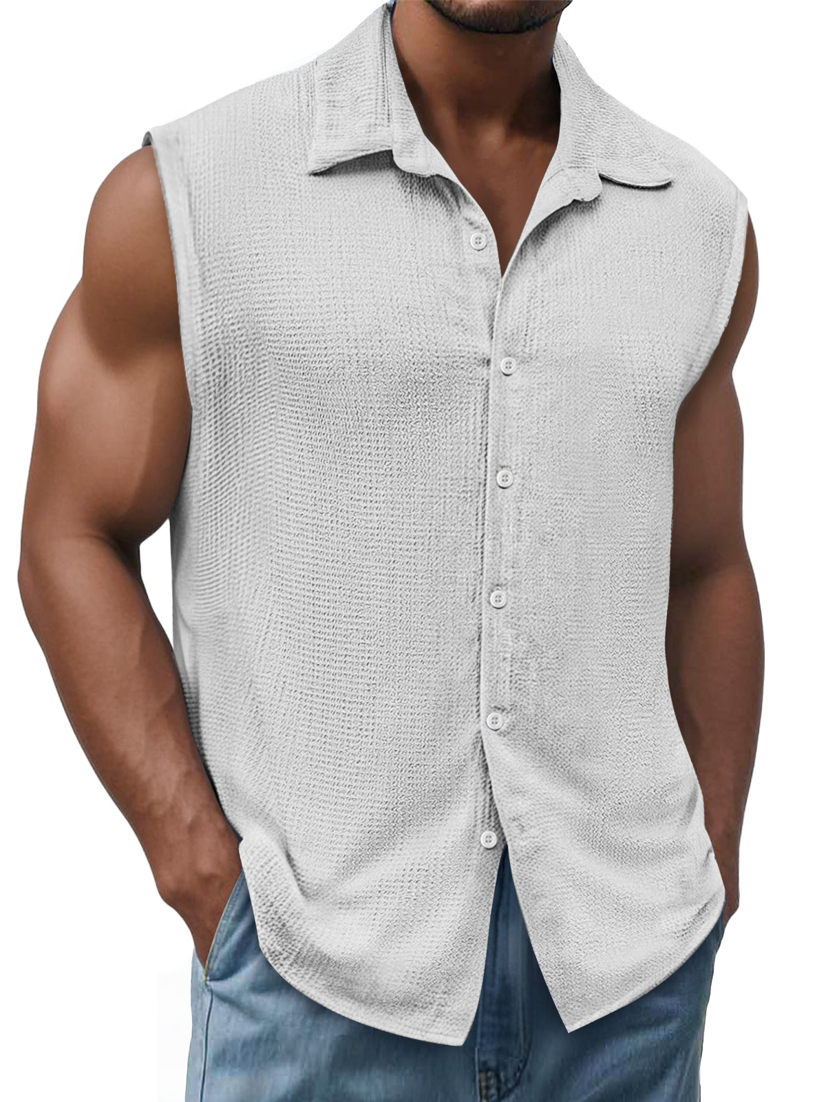 Men's Daily Texture Casual Lapel Solid Color Sleeveless Shirt