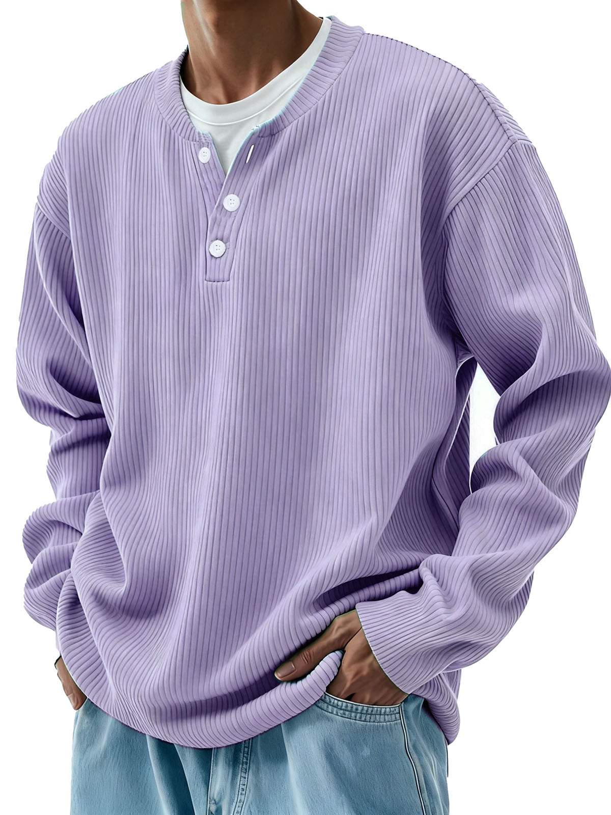 Men's Clothing Fashionable Casual Pit Strip Fabric Three-button Long-sleeved Henry Shirt