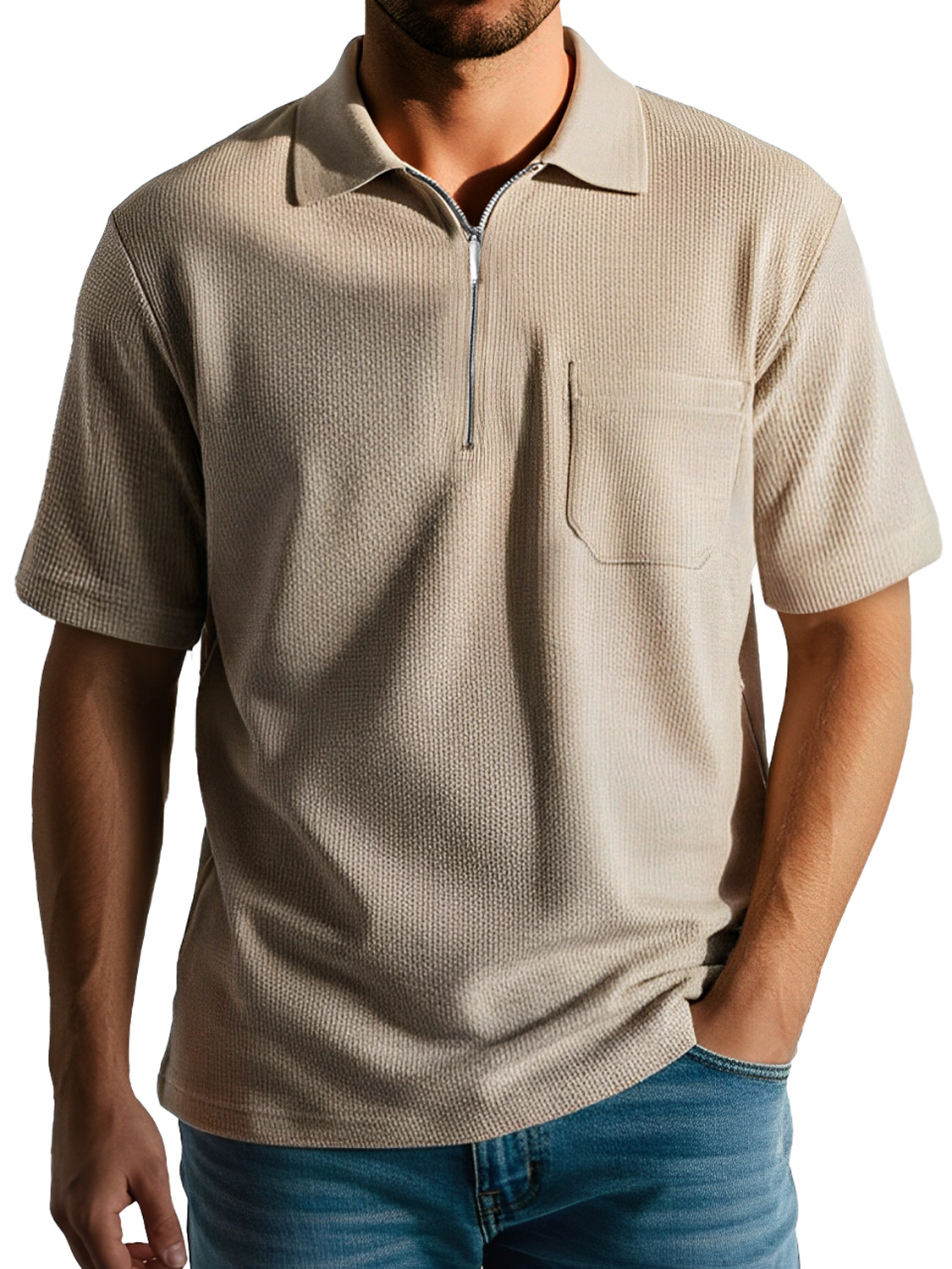Men's Daily Casual Texture Lapel Zipper Comfortable Short-sleeved Polo Shirt