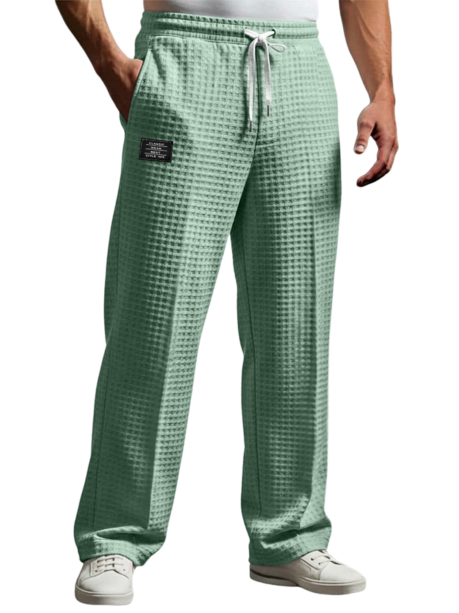 Men's Waffle Embroidered Logo Casual Loose Trousers