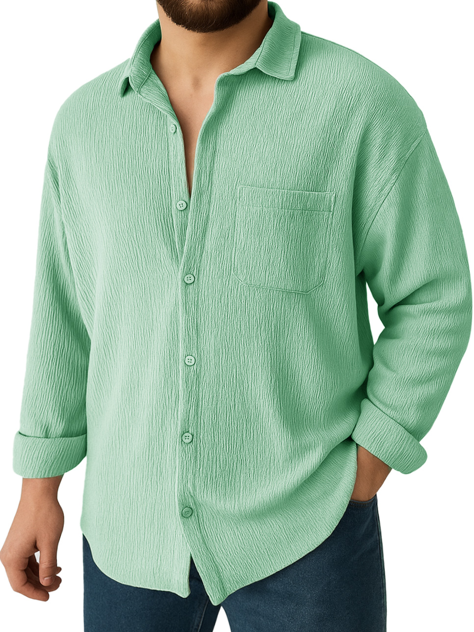 Men's Clothing Fashionable Daily Jacquard Texture Fabric Loose Pockets Long-sleeved Lapel Shirt