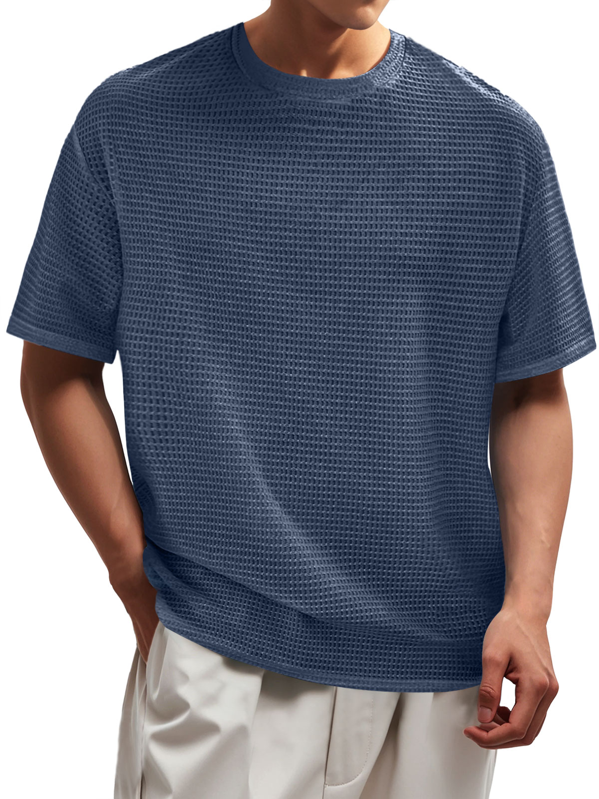 Men's Waffle Everyday Round Neck Casual Solid Color Short Sleeve T-Shirt