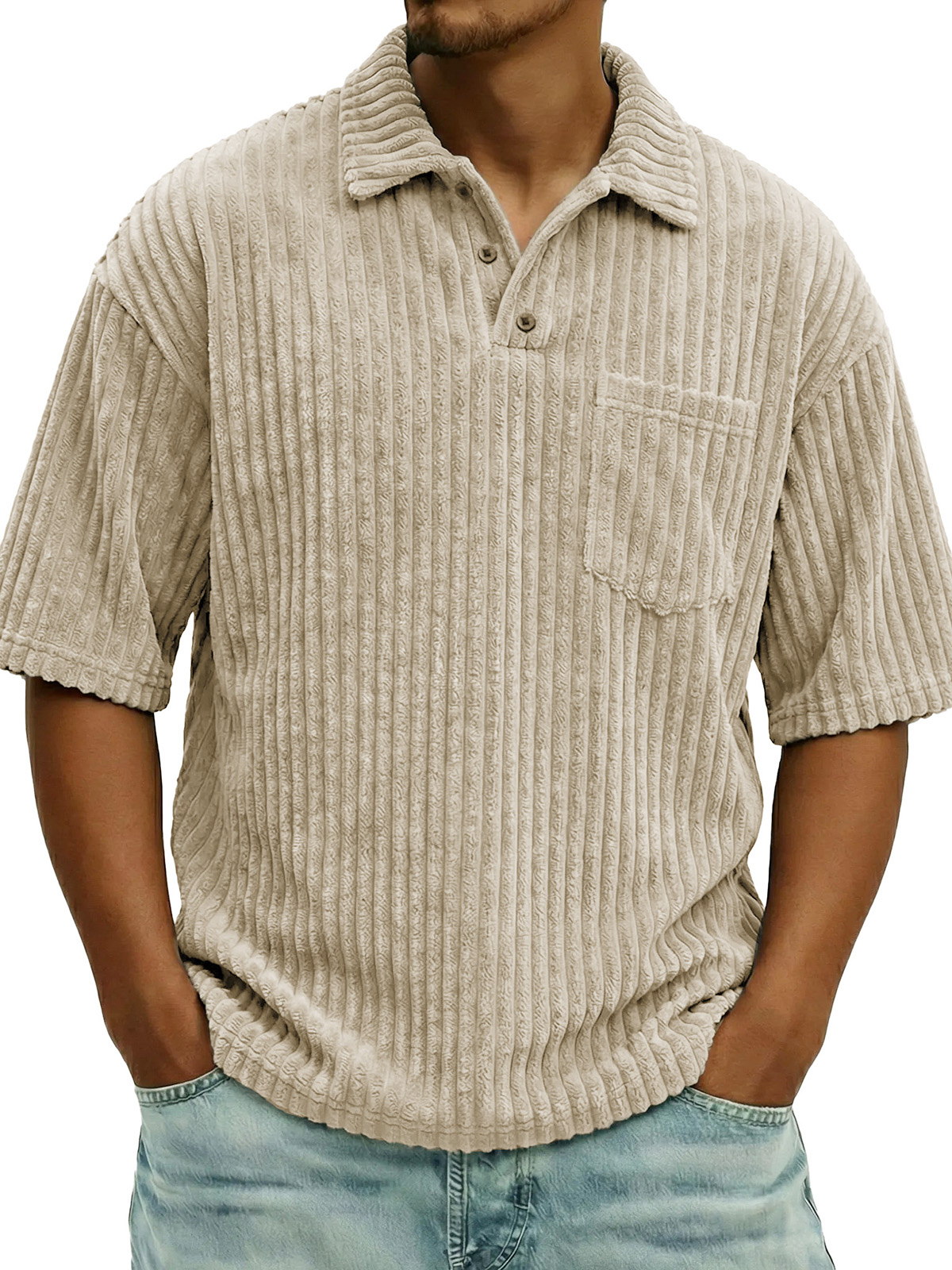 Men's Fashionable Ribbed Pocket Collar Short-Sleeve Polo Shirt