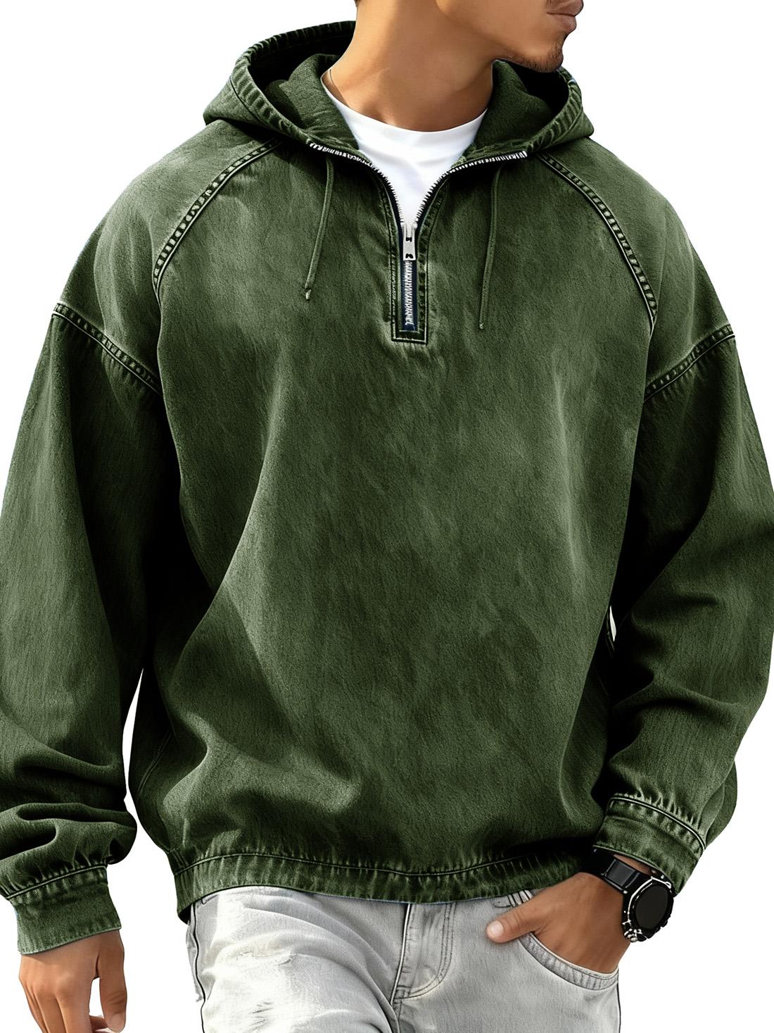Men's Retro Fashion Distressed Raglan Long-Sleeve Hoodie