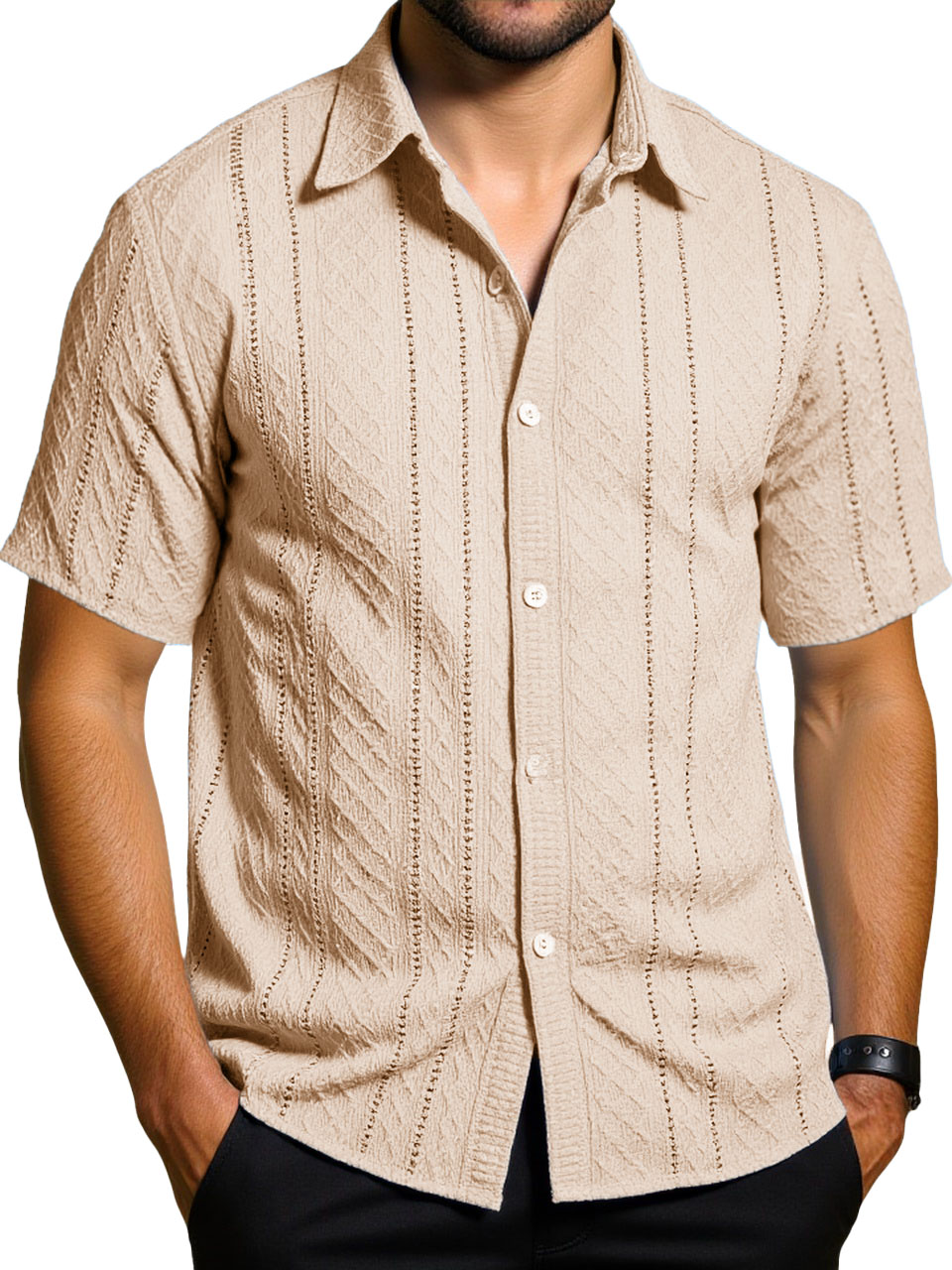 Men's Fashion Daily Casual Jacquard Fabric Short-sleeved Lapel Shirt
