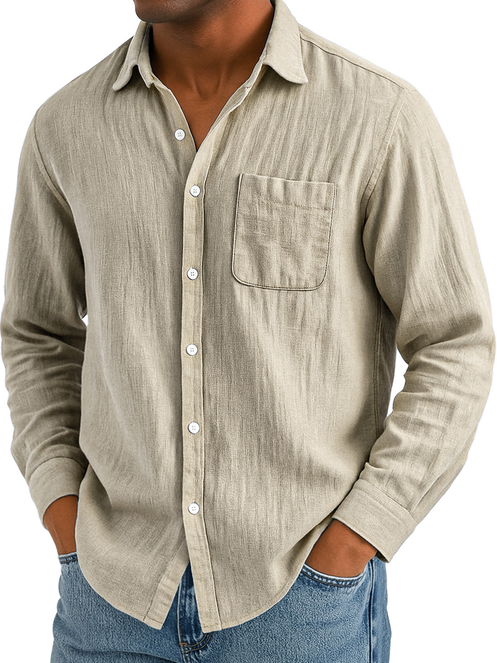 Men's Daily Casual Cotton And Linen Pocket Comfortable Long-sleeved Shirt