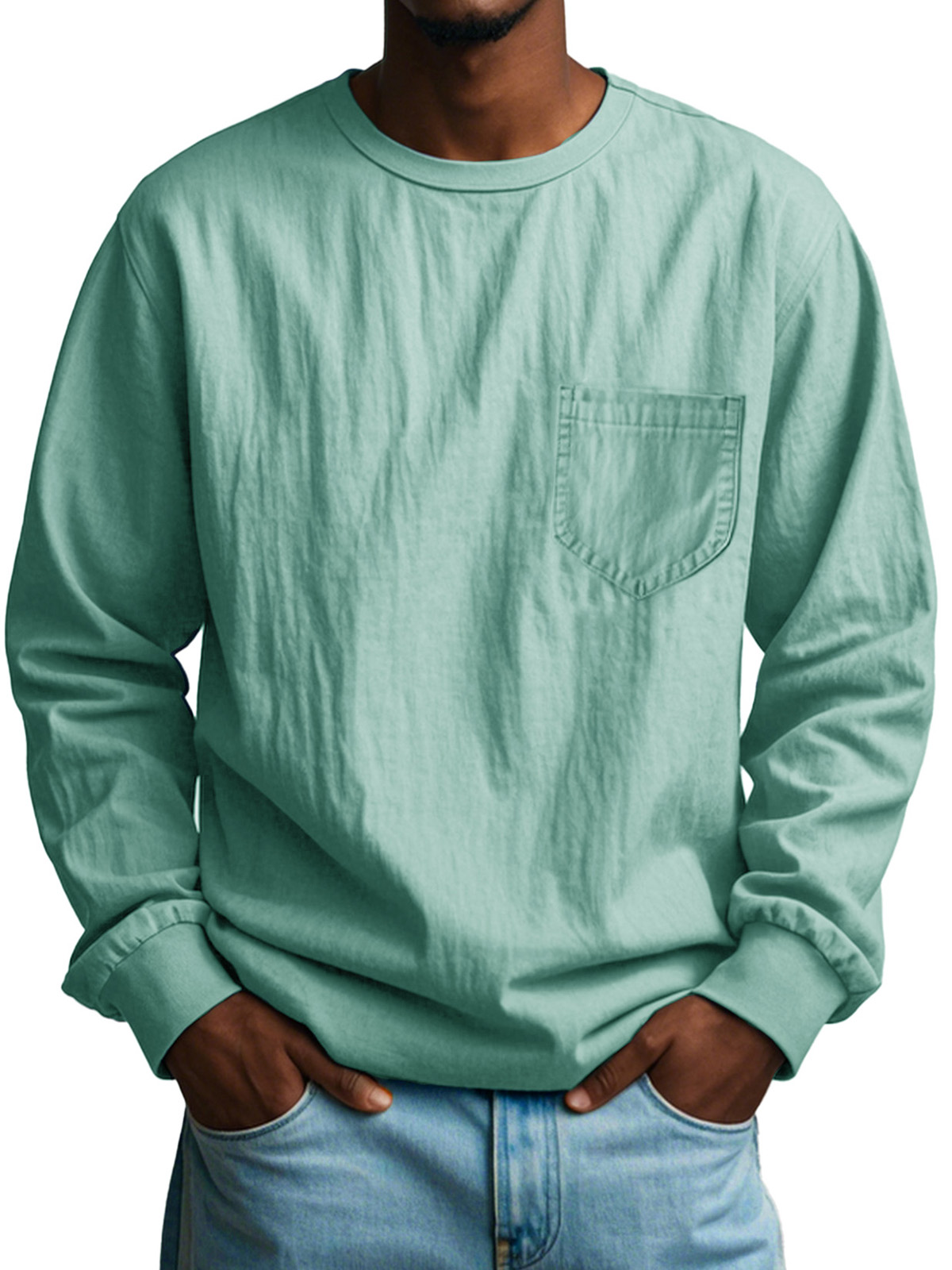 Men's Fashion Casual Pleated Round Neck Long Sleeve Pocket T-Shirt