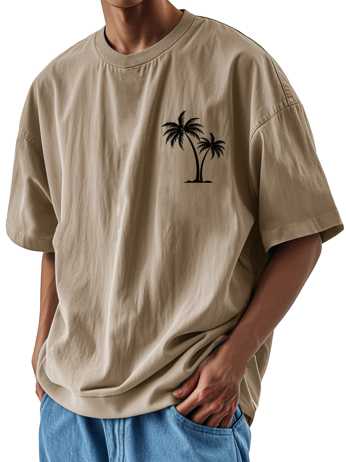 Men's Fashion Casual Loose Pocket Coconut Print Short Sleeve T-Shirt