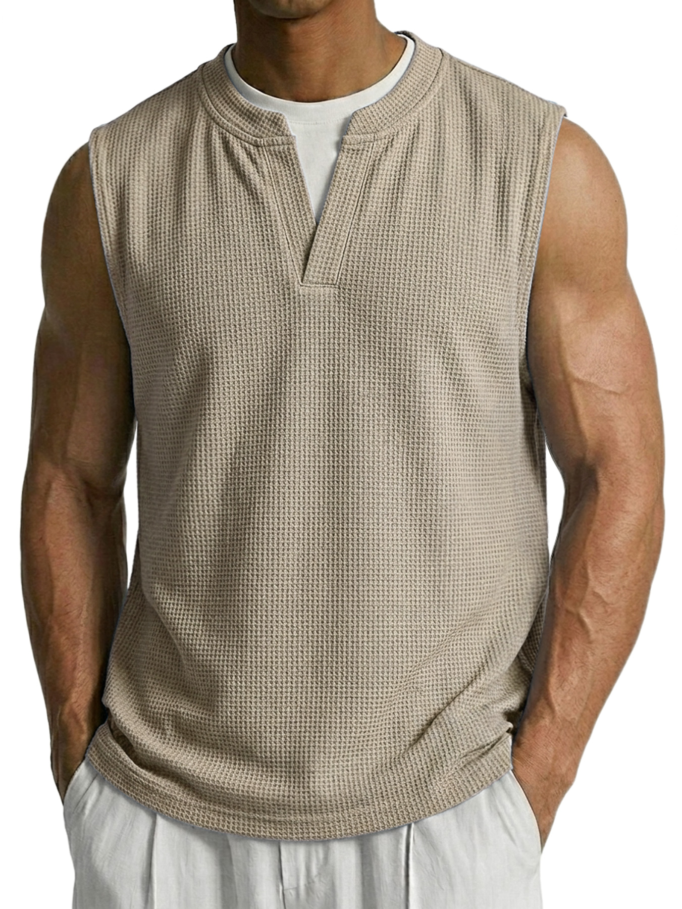 Men's Waffle-knit Faux Two-piece Casual Comfortable Sleeveless Vest