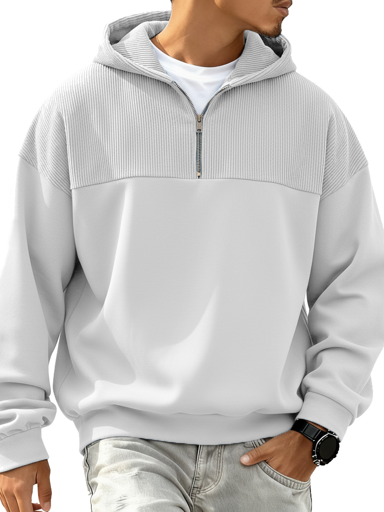 Men's Fashion Casual Patchwork Ribbed Fabric Long-Sleeve Hooded Zipper Top