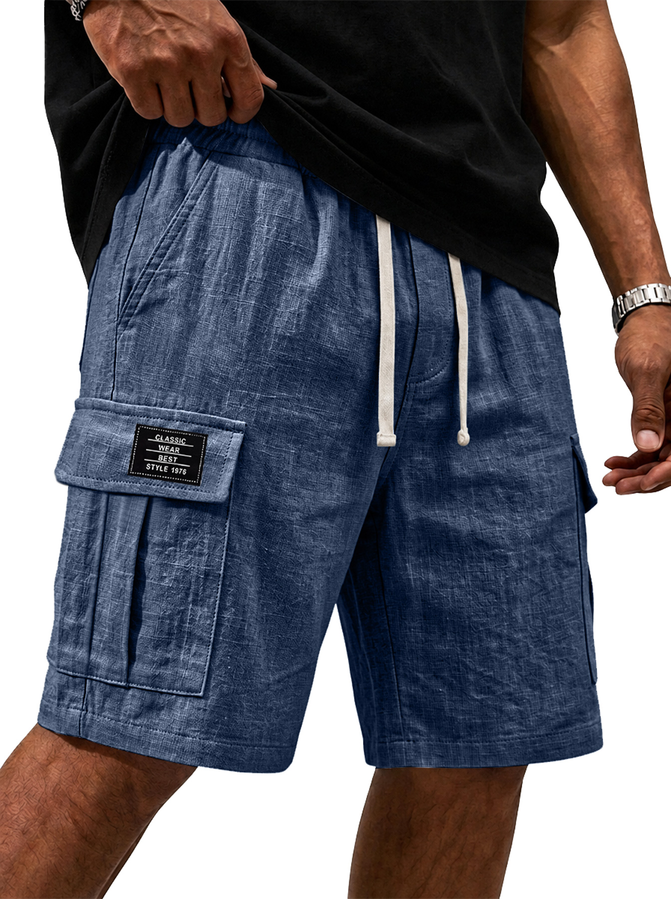 Men's Cotton Linen Embroidered Logo Casual Comfortable Shorts