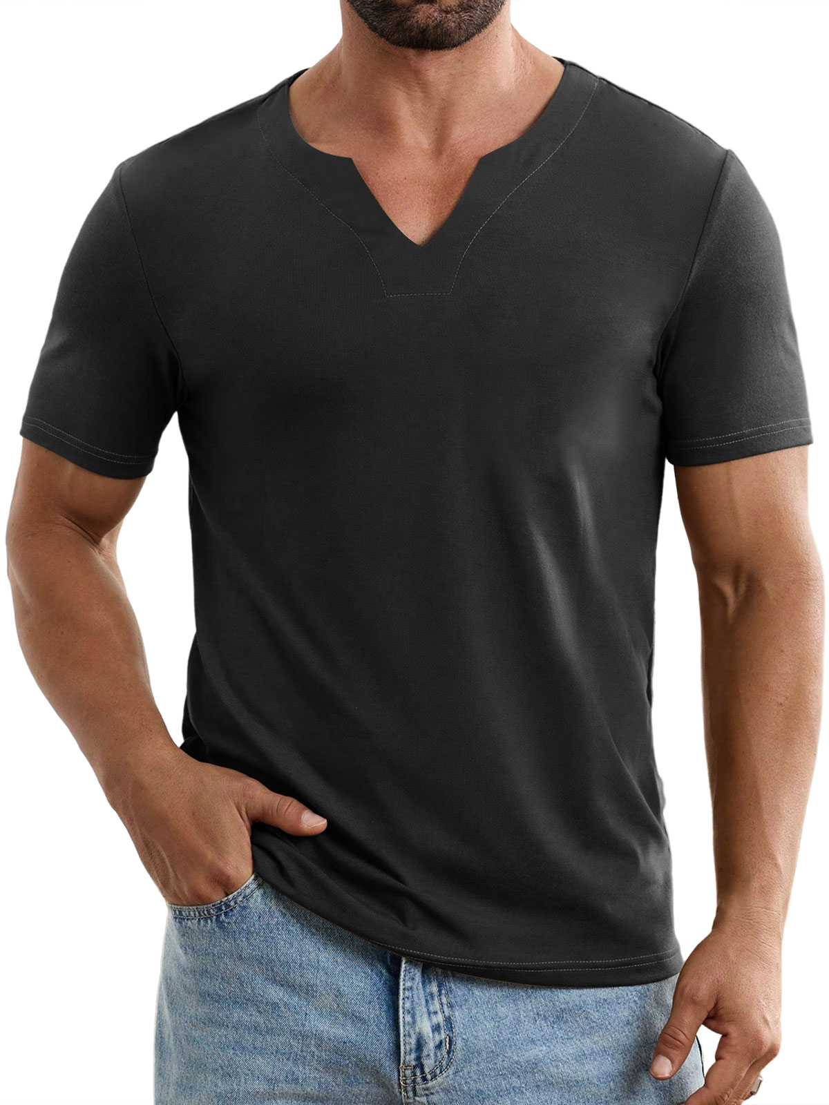 Men's Casual V-neck Solid Color Comfortable Short-sleeved T-shirt