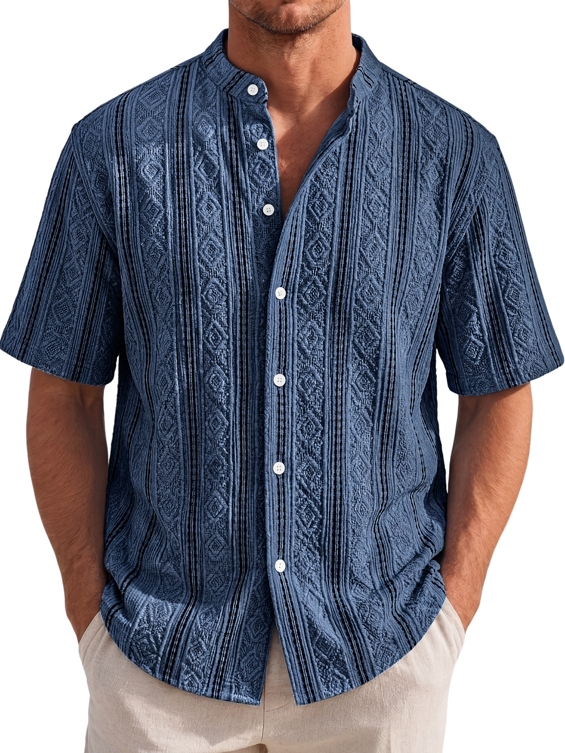 Men's Short-Sleeve Casual Shirt with Stand Collar and Textured Jacquard Finish
