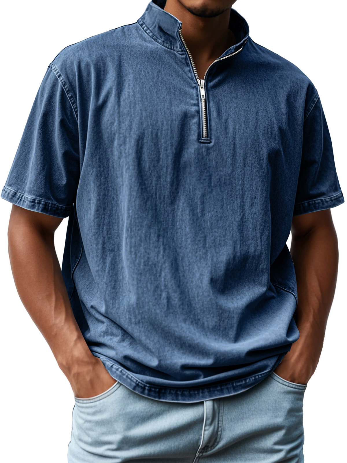 Men's Retro Stand Collar Zipper Casual Short Sleeve T-Shirt